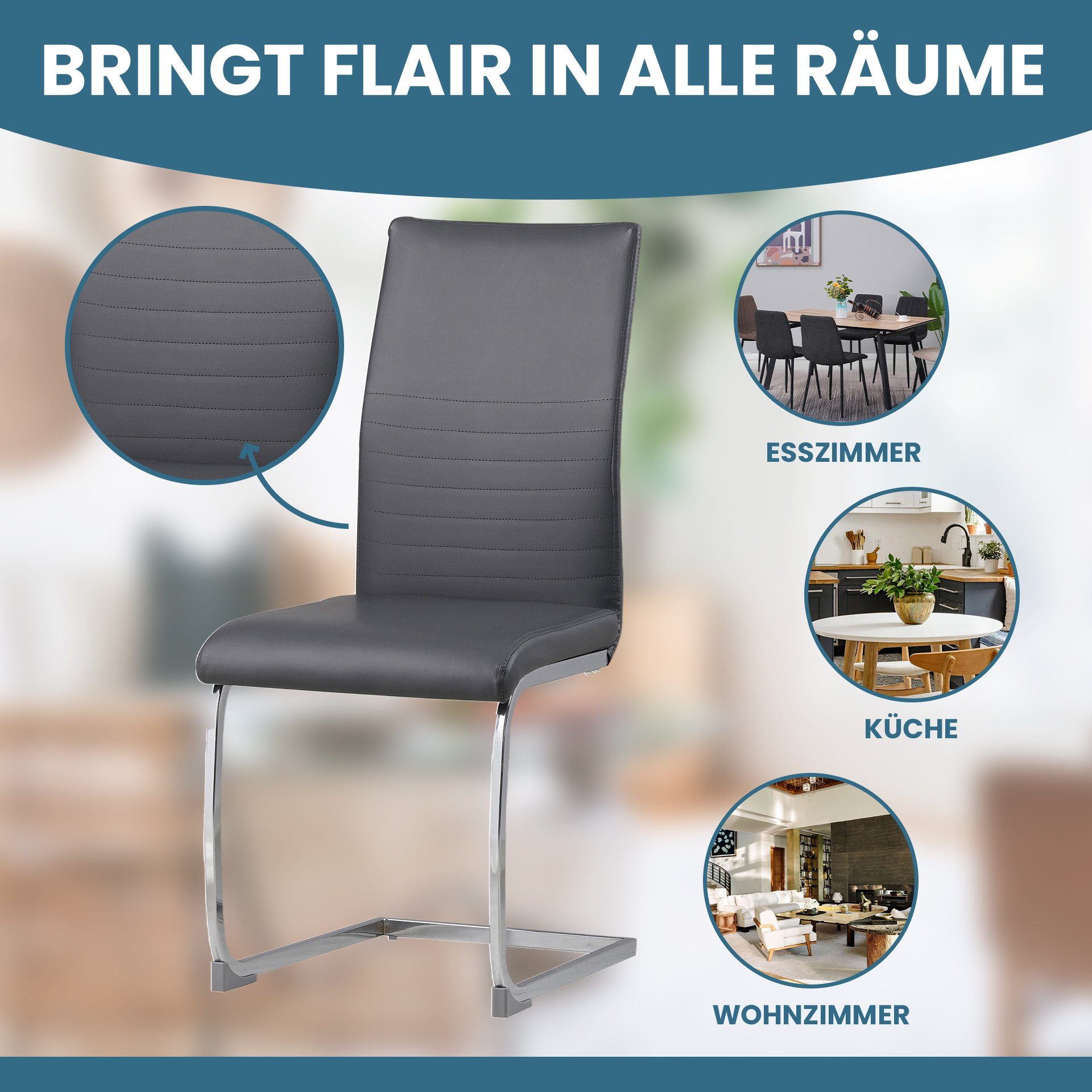 Albatros International Freischwinger Albatros Esszimmerestuhl Küchenstuhl BURANO, Kunstleder Bezug (4er Set, Grau), Esszimmerstuhl Schwingstuhl mit modernem Design, dicke Polsterung
