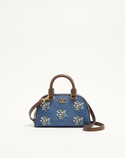 Valentino Garavani VLogo Signature Mini Boston Bag em jeans com bordado floral