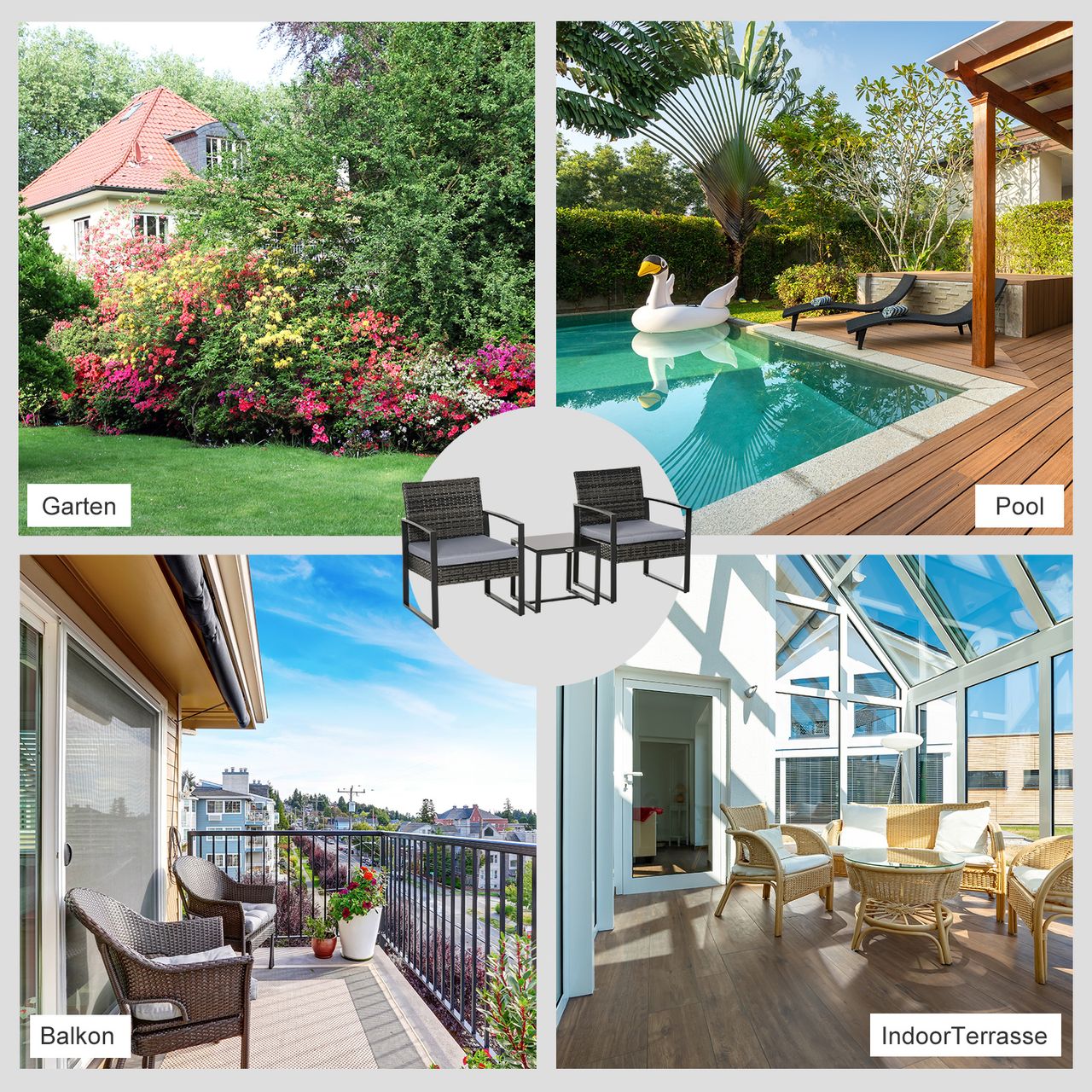 Outsunny Polyrattan Gartenset 3 tlg. Balkonmöbel Set mit Kissen Grau