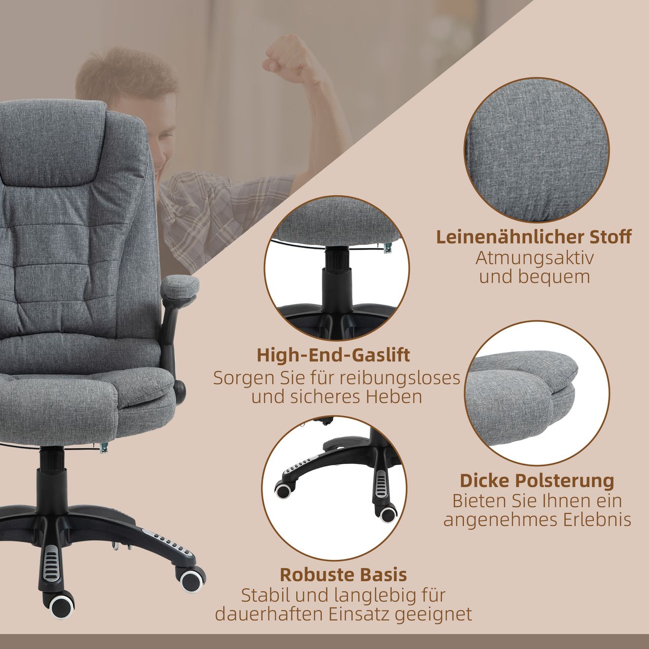 Vinsetto Massagesessel Chefsessel mit Massagefunktion höhenverstellbarer Drehstuhl ergonomischer Gamingstuhl Bürostuhl massage Dunkelgrau 68 x 72 x 110–120 cm