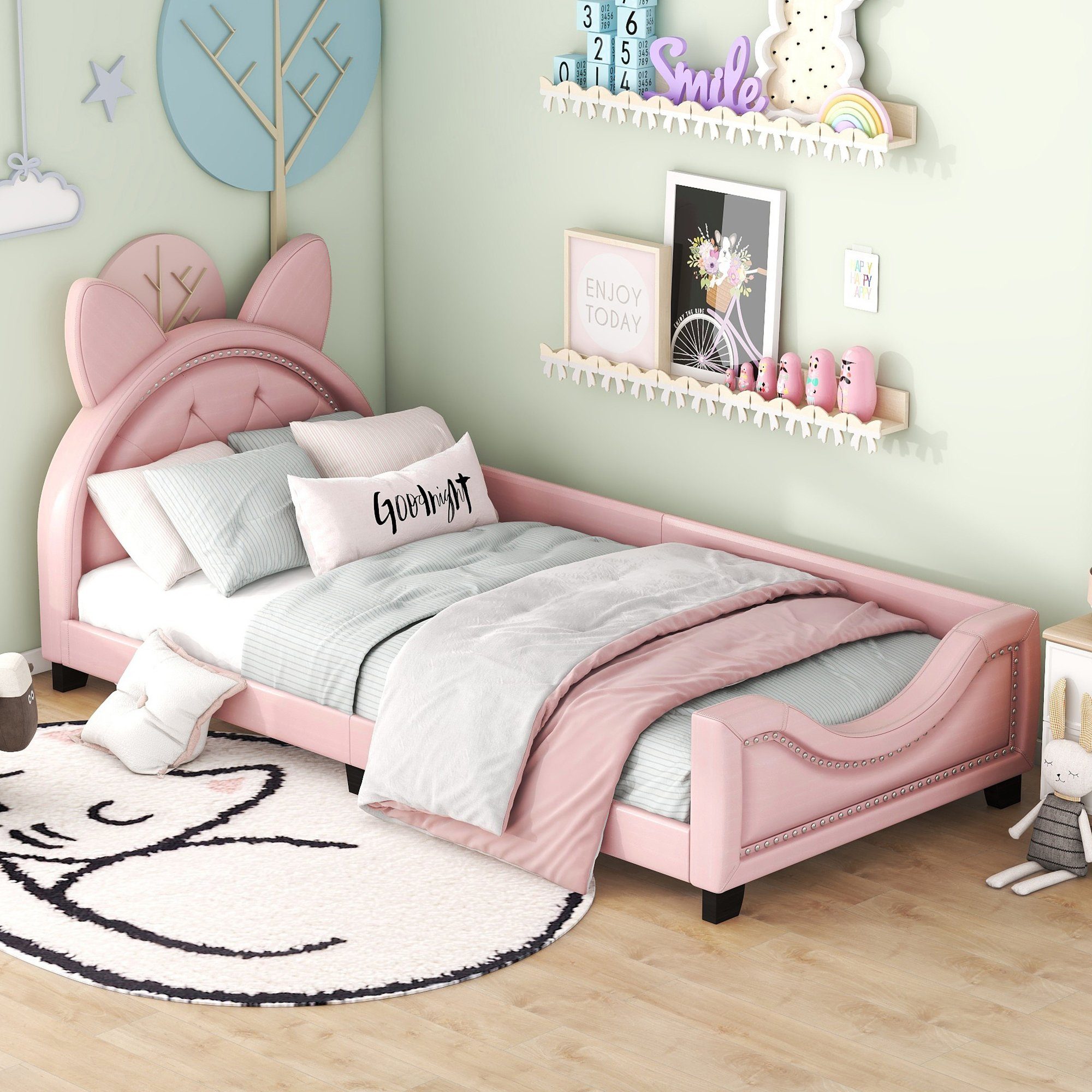 REDOM Polsterbett Einzelbett, Kinderbett, mit Holz Lattenroste und Rückenlehne (Form von Karton-Ohren, 90 x 200cm), Ohne Matratze