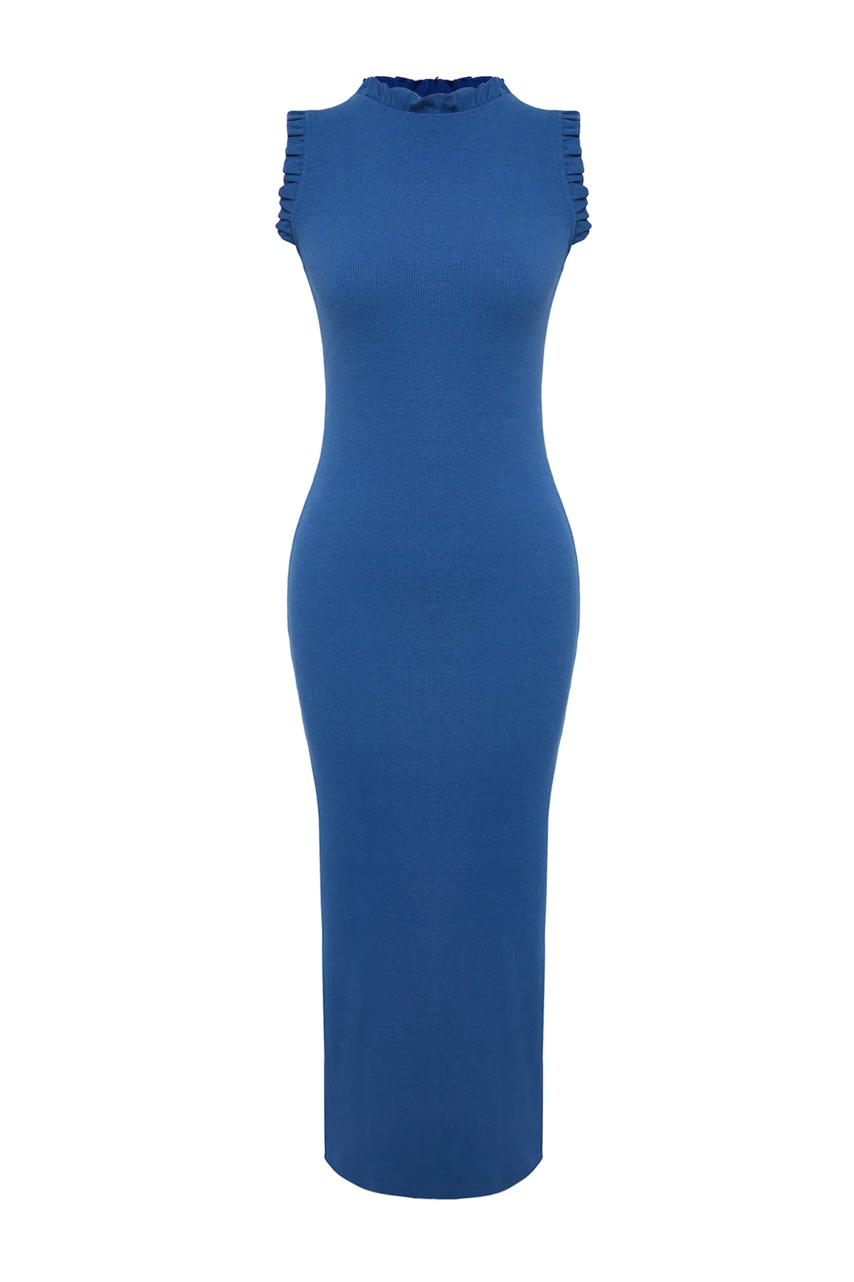 Trendyol Collection  Indigoblaues, geripptes, tailliertes Midi-Bleistiftkleid aus flexiblem Strick mit Rüschendetail TWOSS22EL1569