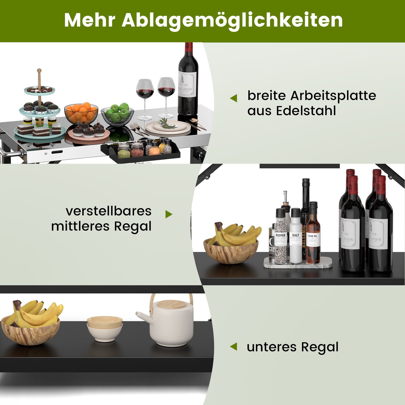COSTWAY Grillablagetisch Grillwagen, Servierwagen, Edelstahl