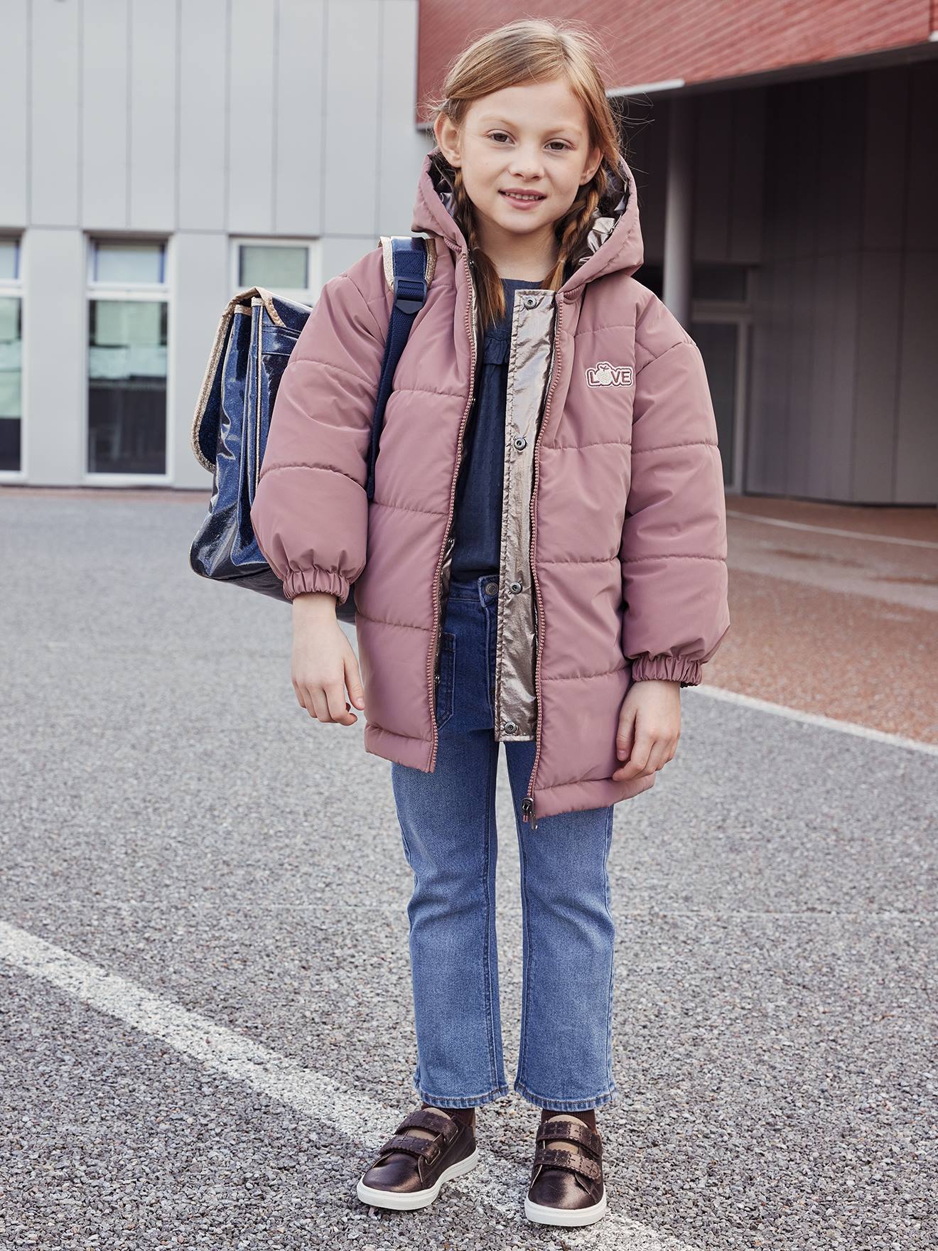 Parka à capuche réversible effet métallisé ou doudoune fille argent