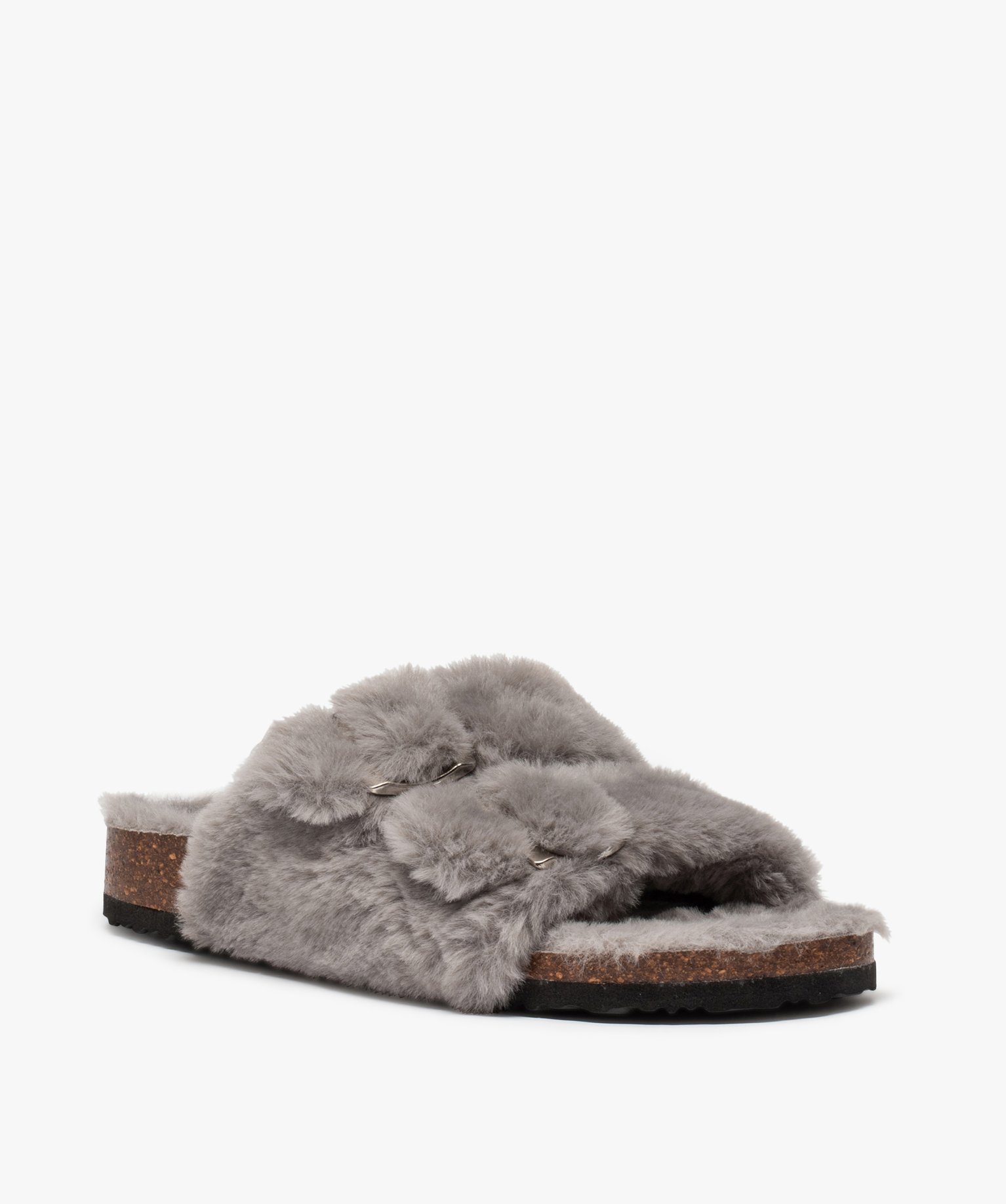 Chaussons femme mules à larges brides en textile peluche gris | GEMO