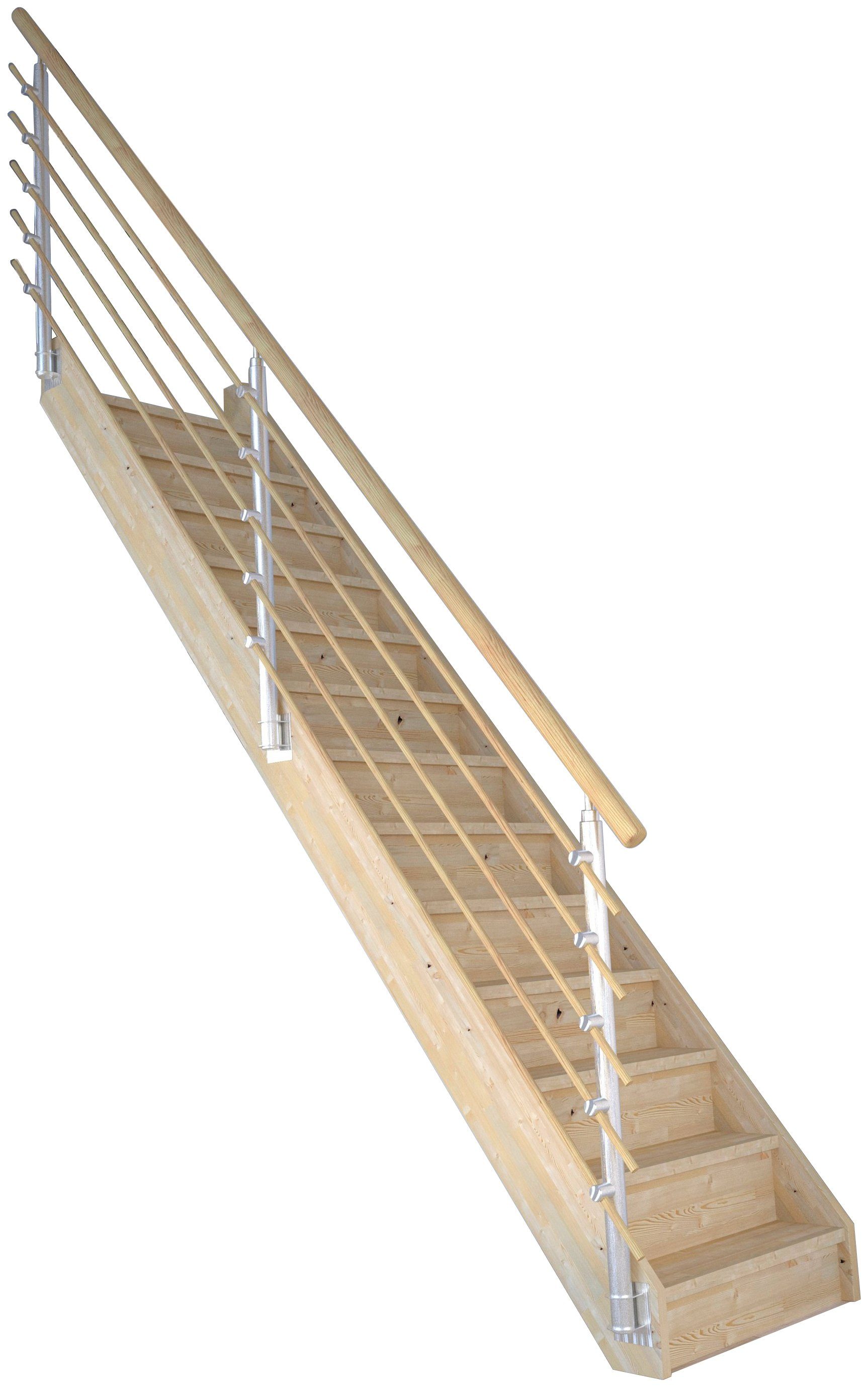 Starwood Raumspartreppe Massivholz Korfu, Design-Geländer Holzrundstäb, für Geschosshöhen bis 300 cm, Stufen geschlossen, Durchgehende Wangenteile