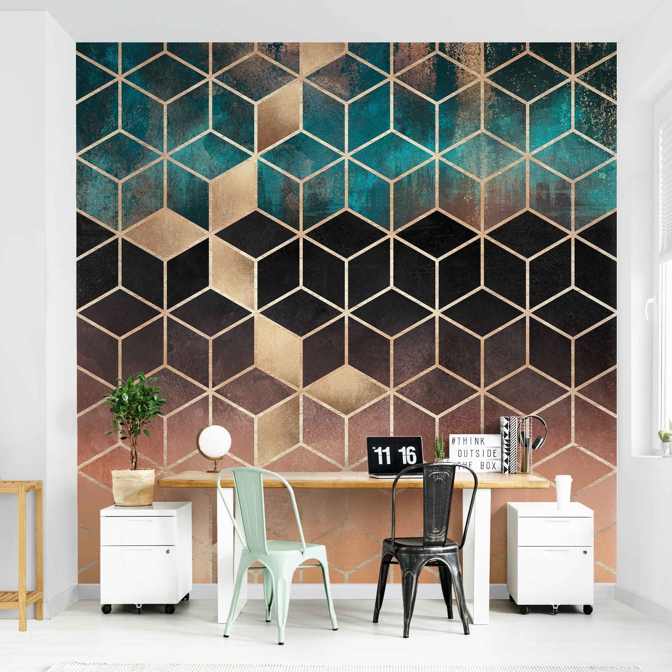 Bilderdepot24 Vliestapete Abstrakt Türkis Rosé goldene Geometrie Tapete Wanddeko Modern Kunst, Glatt, Matt, (Inklusive Gratis-Kleister oder selbstklebend), Wohnzimmer Schlafzimmer Küche Flur Fototapete Motivtapete Wandtapete