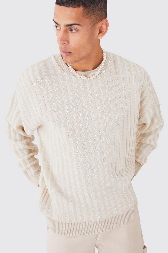 Zweifarbiger gerippter Oversize Rundhals-Pullover