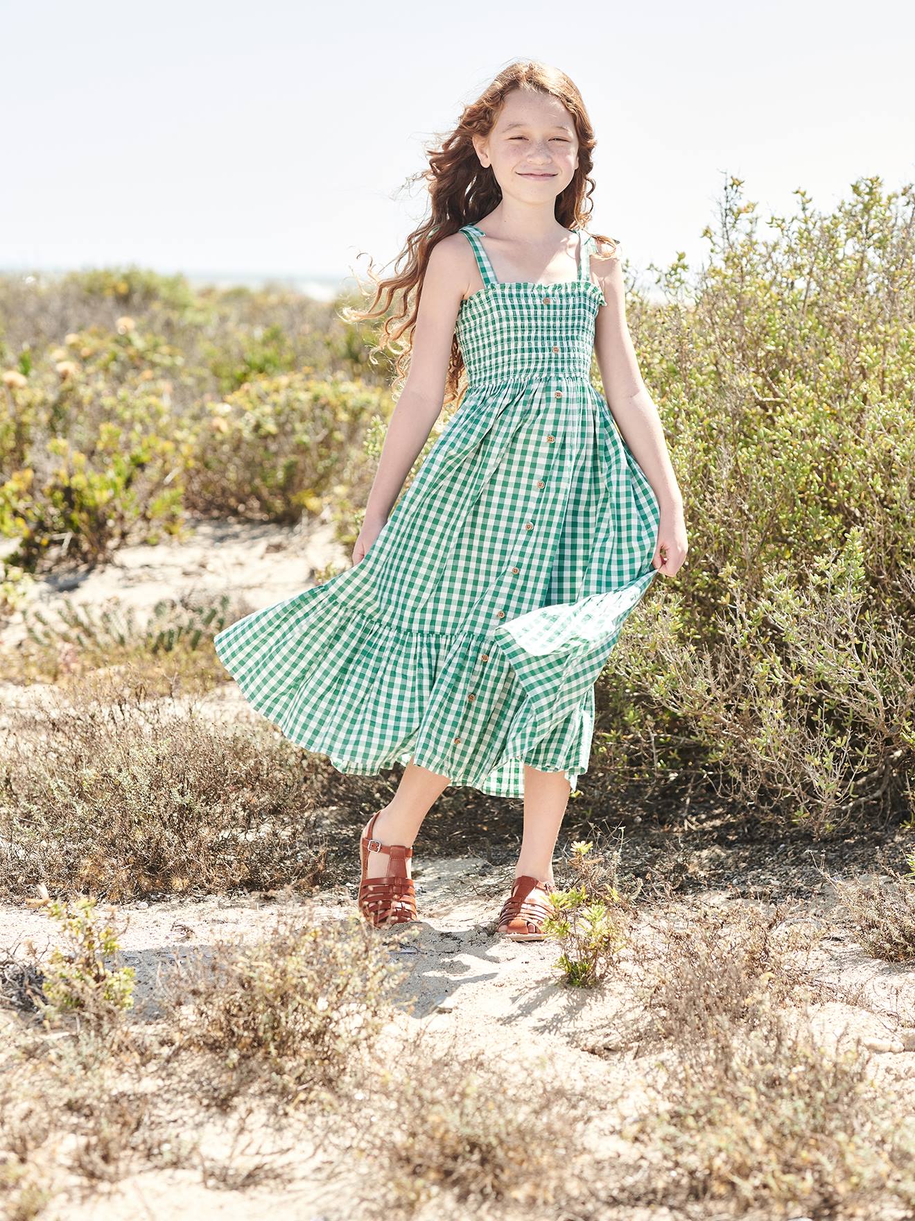 Vertbaudet Mädchen Maxikleid - grün kariert