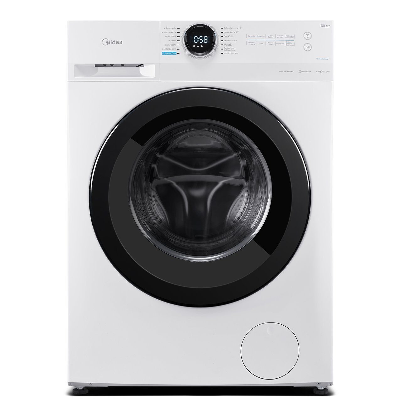 Midea Waschmaschine MF200W80B-E, 8 kg, 1400 U/min,48cm tief, Steam Care, Nachlegefunktion, Schnellwäsche