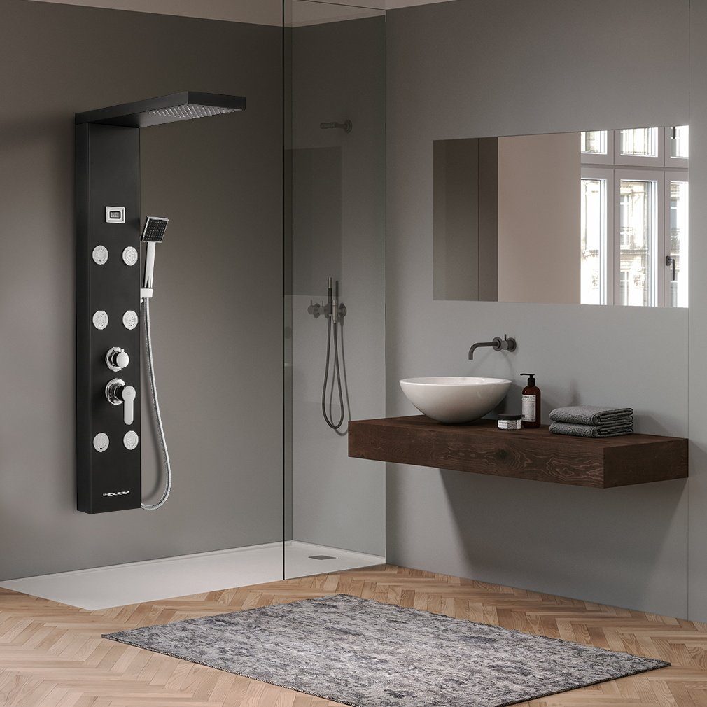 Auralum Brausegarnitur Multifunktion Duschpaneel Schwarz Duschset Edelstahl Duschsäule Dusche, mit Massagedüsen Handbrause und Überkopfdusche