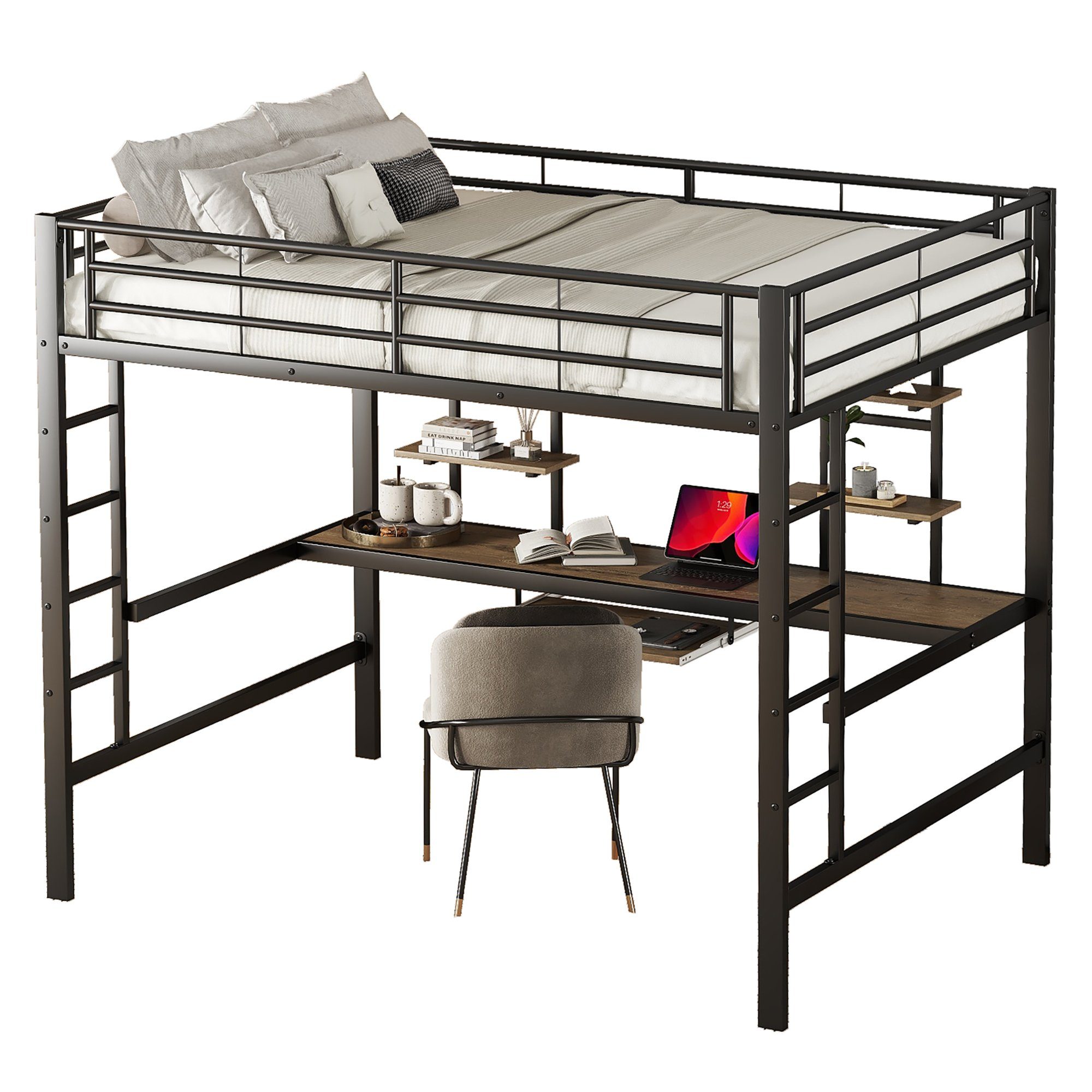 DEEP POWER Metallbett Metallbett Hochbett mit Schreibtisch Eisenbett 140x200cm Jugendbett