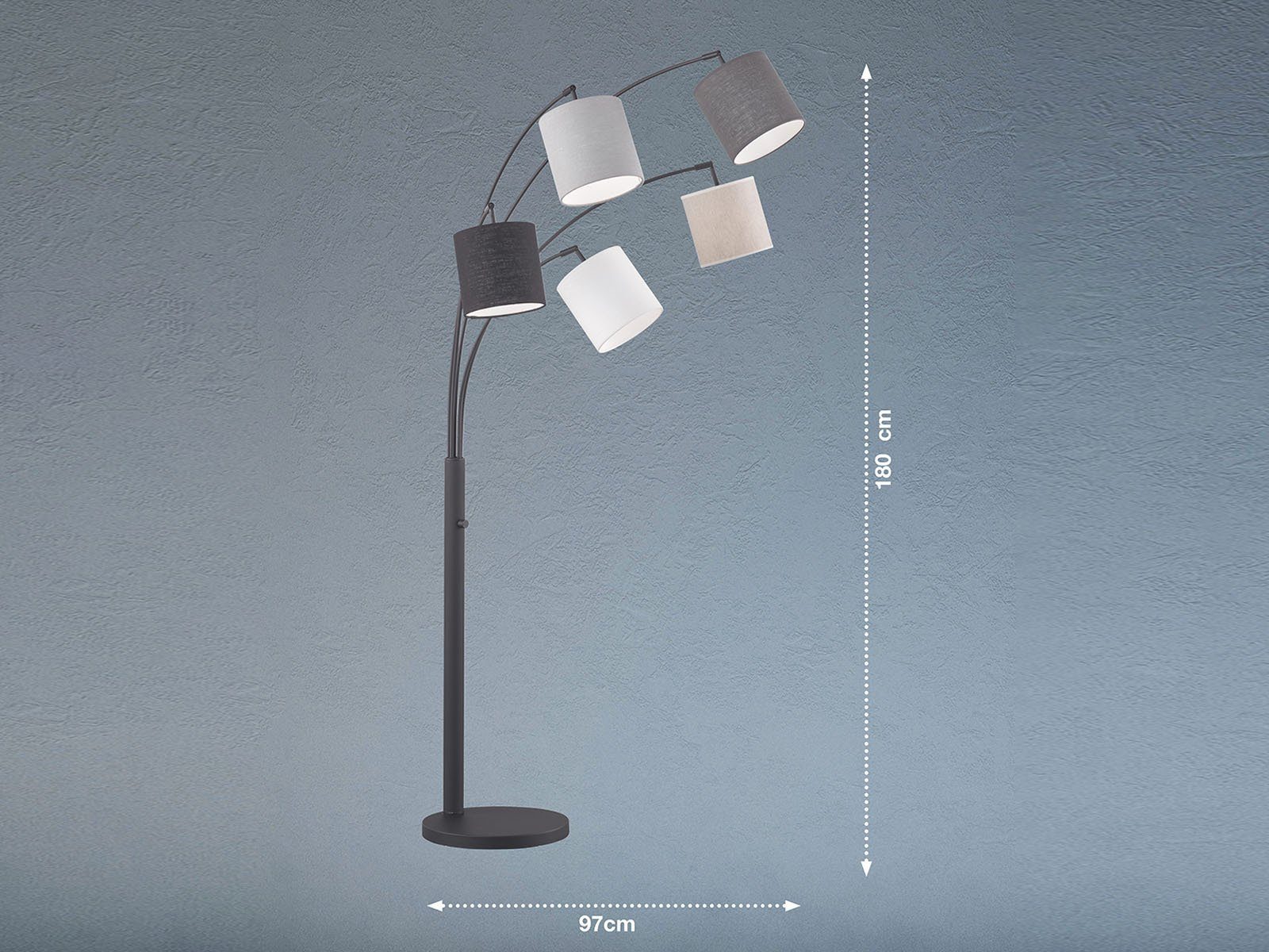 meineWunschleuchte LED Bogenlampe, mitgelieferte Leuchtmittel stufenweise über Lampenschalter dimmbar, LED wechselbar, Warmweiß, Designer Stehlampe ge-bogen mit 5x Stoff Lampenschirm dimmbar H: 180cm