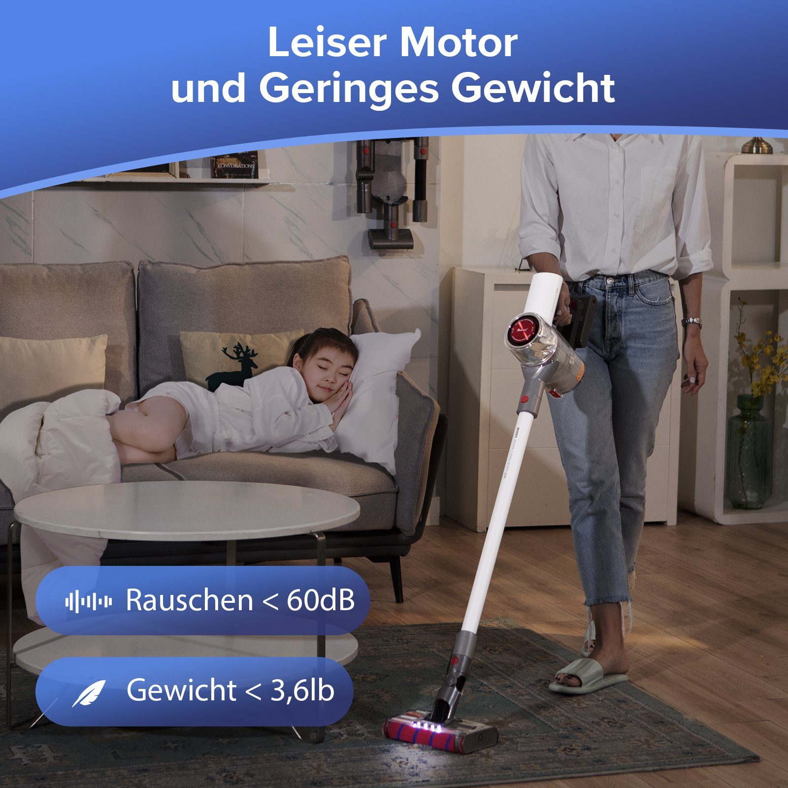 redroad Akku-Stielstaubsauger 17, 450,00 W, Beutellos, Akku Staubsauger 26.5Kpa, 60 Mins,Mit LED Licht