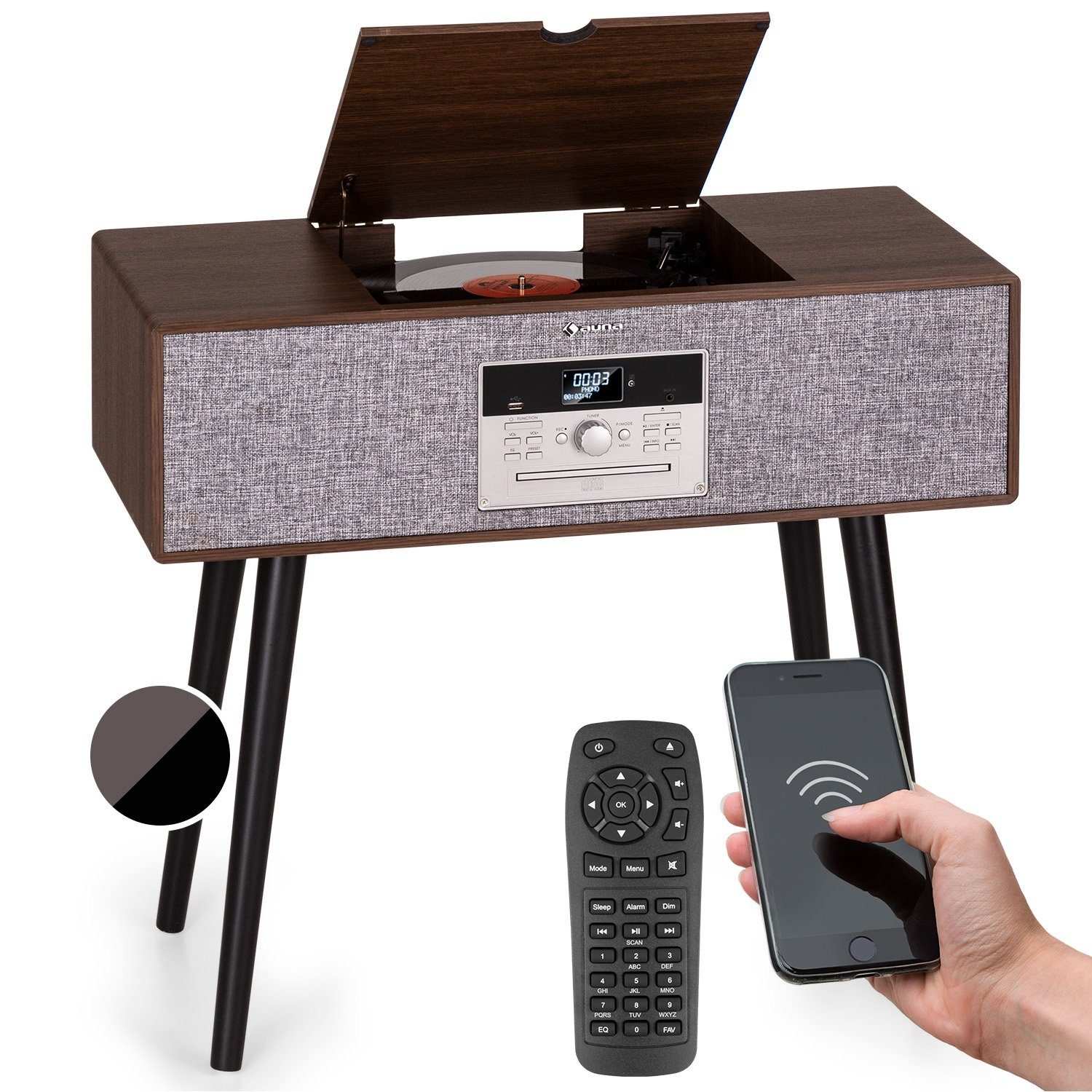 Auna Julie Ann Plattenspieler (Riemenantrieb, Bluetooth;CD, Schallplattenspieler mit Lautsprecher Radio Vinyl Plattenspieler)