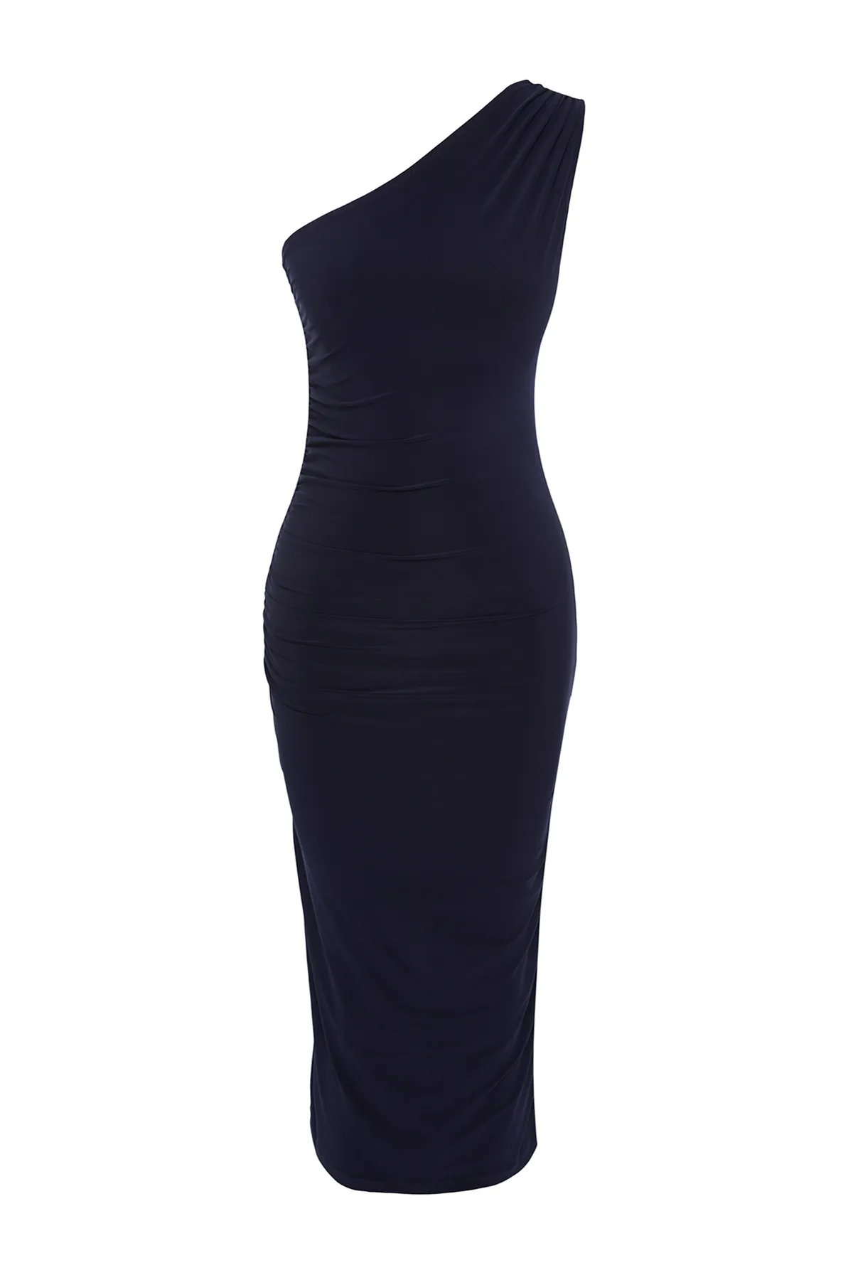 Trendyol Collection  Marineblaues, einschultriges, drapiertes, tailliertes Maxi-Bleistiftkleid aus dehnbarem Strick in Midilänge TWOSS24EL00100