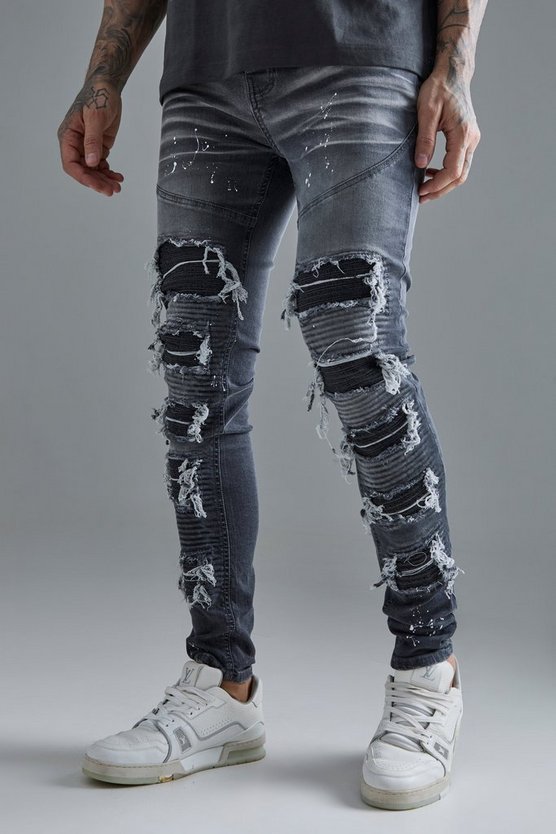 Tall Super Skinny PU Bikerjeans mit Rissen und Farbspritzern