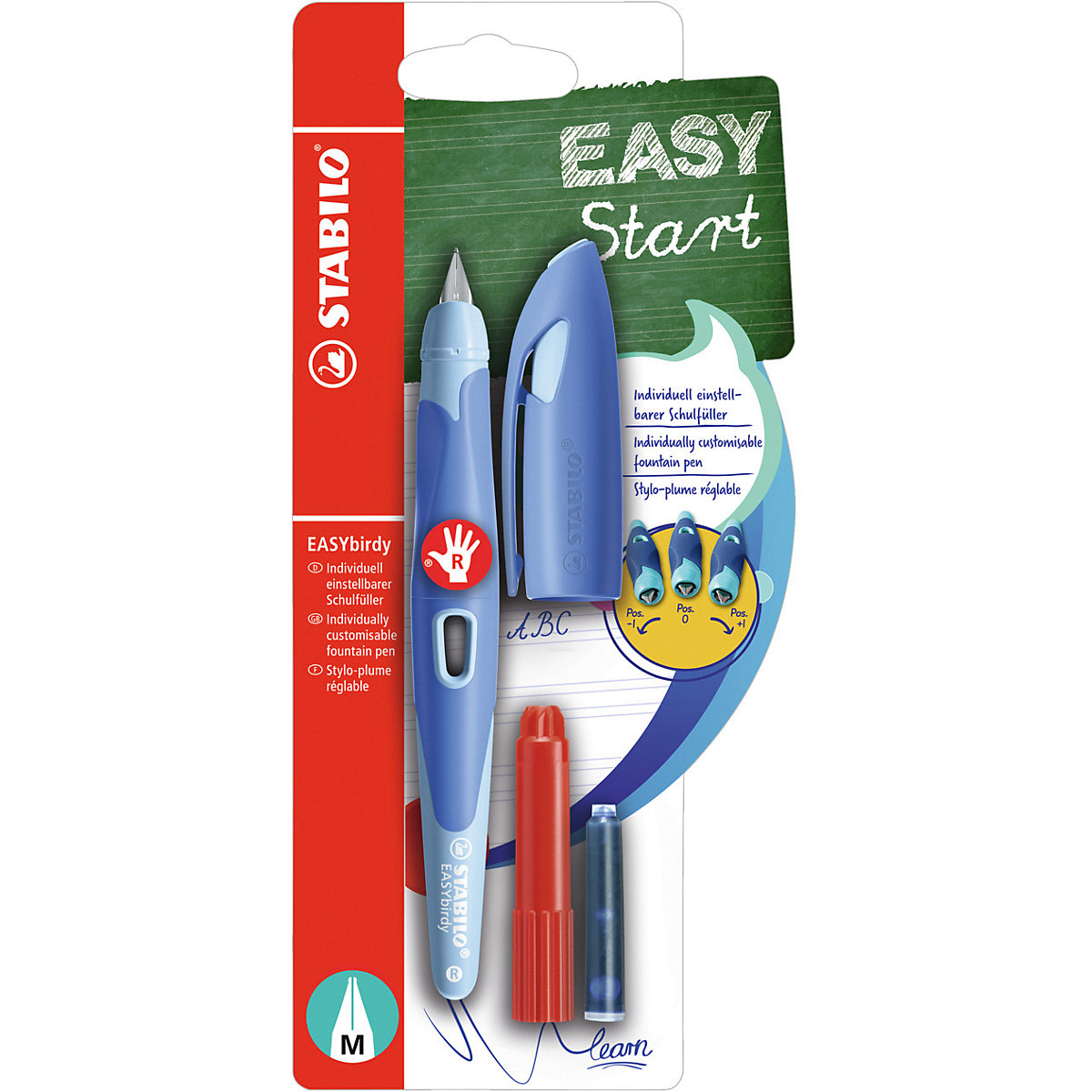 Schulfüller EASYbirdy Rechtshänder M-Feder Pastel Edition blau/hellblau, inkl. Patrone & Einstellwerkzeug