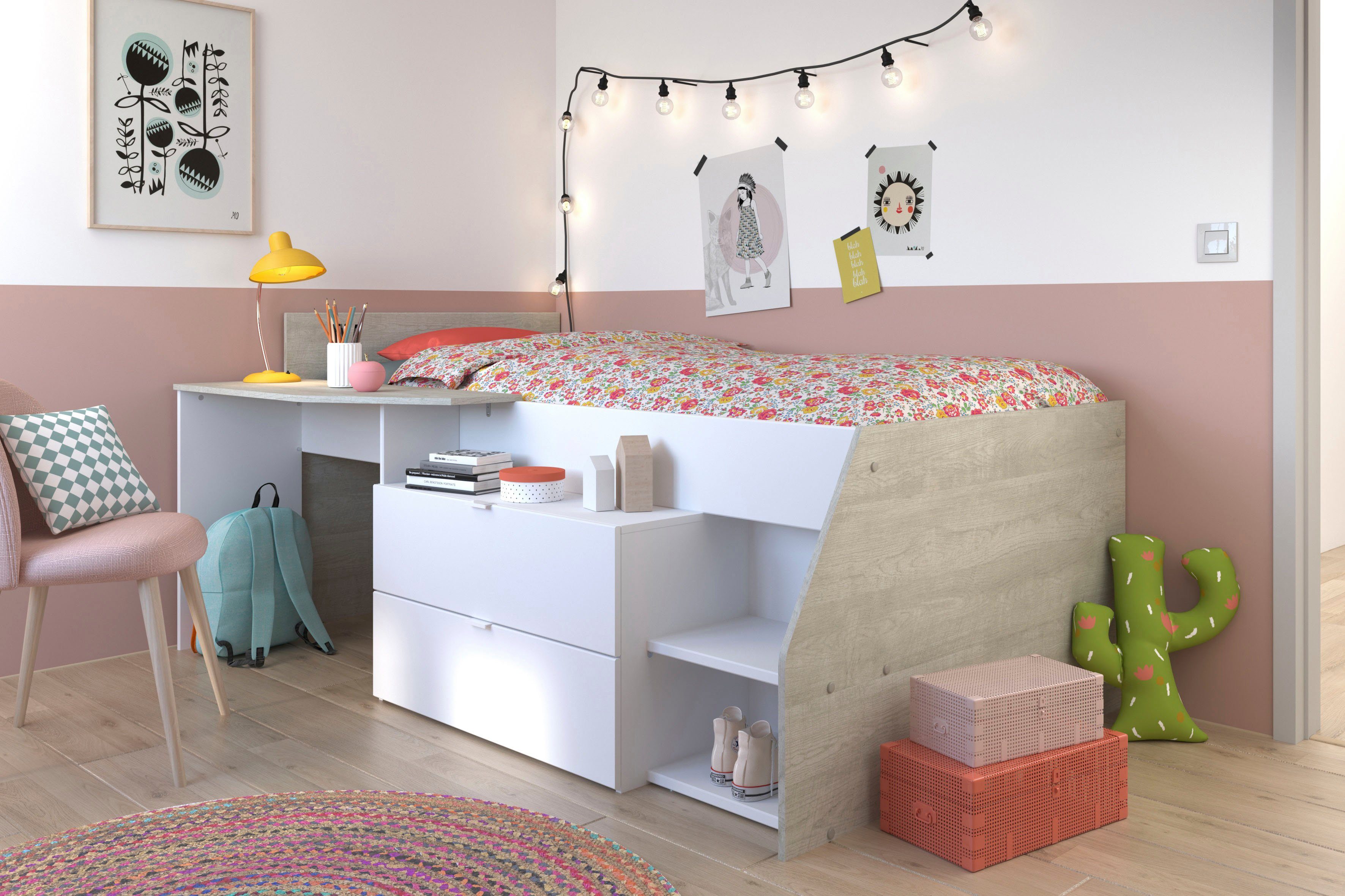 Parisot Hochbett Milky mit kleiner Arbeitsfläche und kleiner Kommode, extra Stauraum