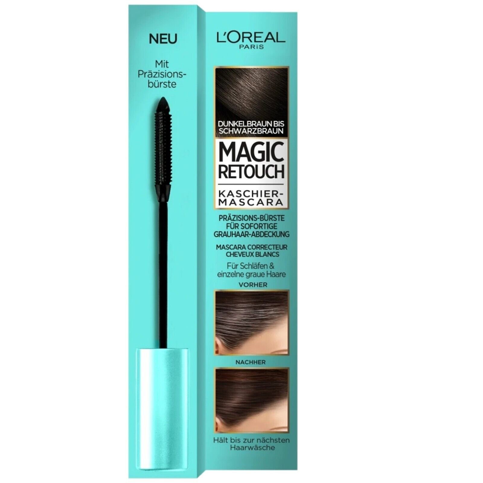 L'ORÉAL PARIS Haar-Mascara Magic Kaschier Mascara Präzisions Bürste Maskara, Hair Finishing Stick babyhaare bändigen nicht fettig wasserfest Haarfärbemittel Haarfarbe, 1-tlg., Färbemittel Make up auswaschbares Mascara, braun mittelbraun Haare Kaschie