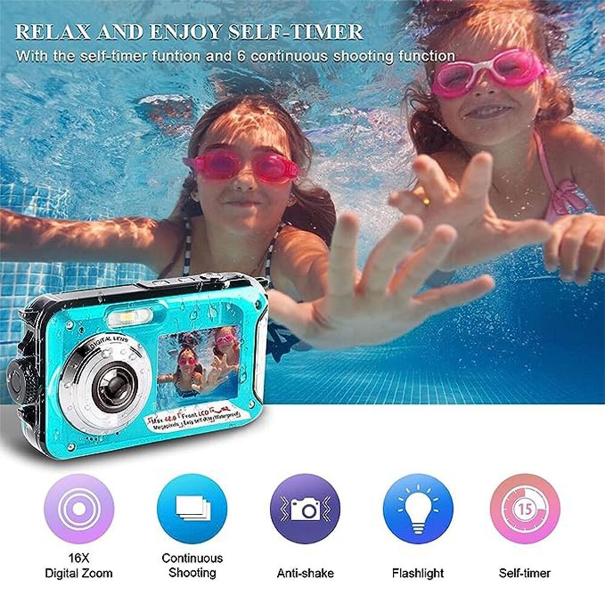 autolock Digitalkamera Fotokamera 2.7K Full HD 48MP 16X Digitalzoom Kompaktkamera (Wiederaufladbare Unterwasserkamera mit Karte für Schnorcheln)