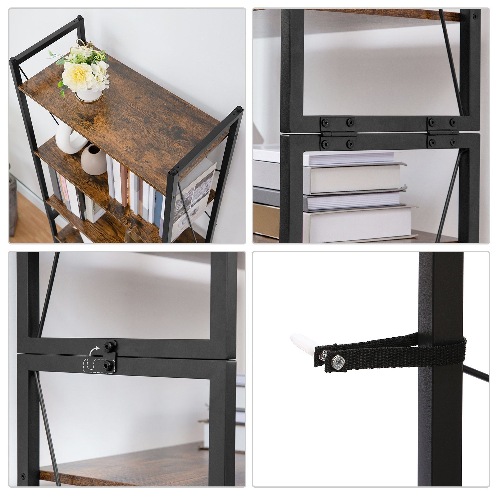 BERLINLODGE® Bücherregal Manhattan 6 Ebenen, Leiterregal Standregal vintage-braun industry-style, für Wohnzimmer, Büro, Schlafzimmer, Küche