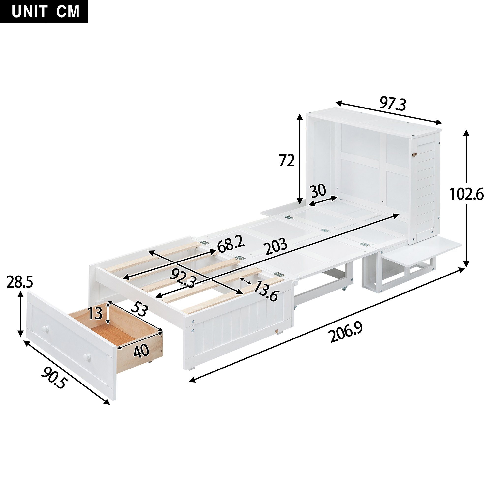 Flieks Massivholzbett, Verwandelbares Holzbett Schrankbett mit Schublade und Regale 90x200cm