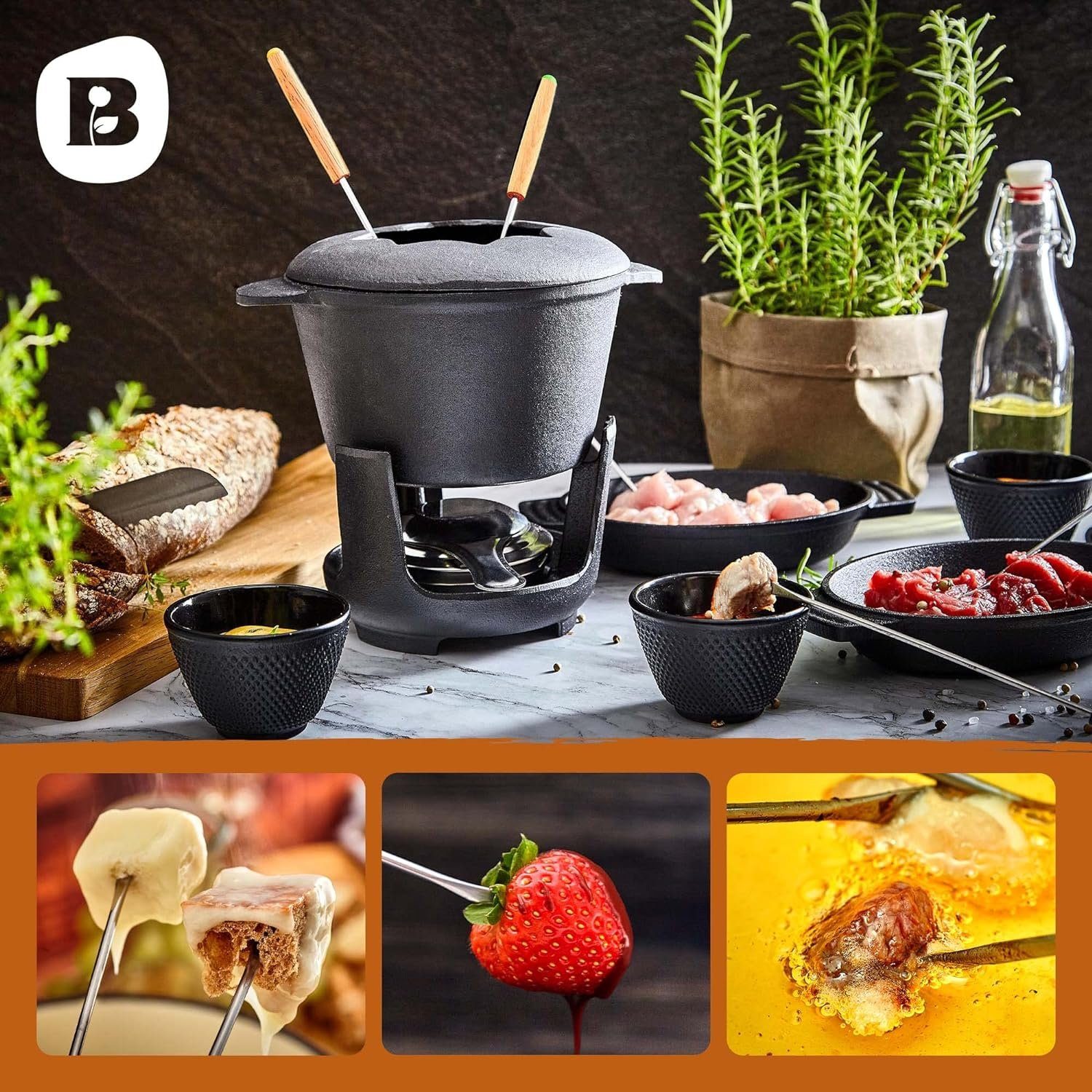 Bonvivre Raclette und Fondue-Set für 6 Personen, 1 Liter, 13-teilig mit Brenner und 6 Gabeln, Käsefondue Schokofondue Fleischfondue Gemüsefondue