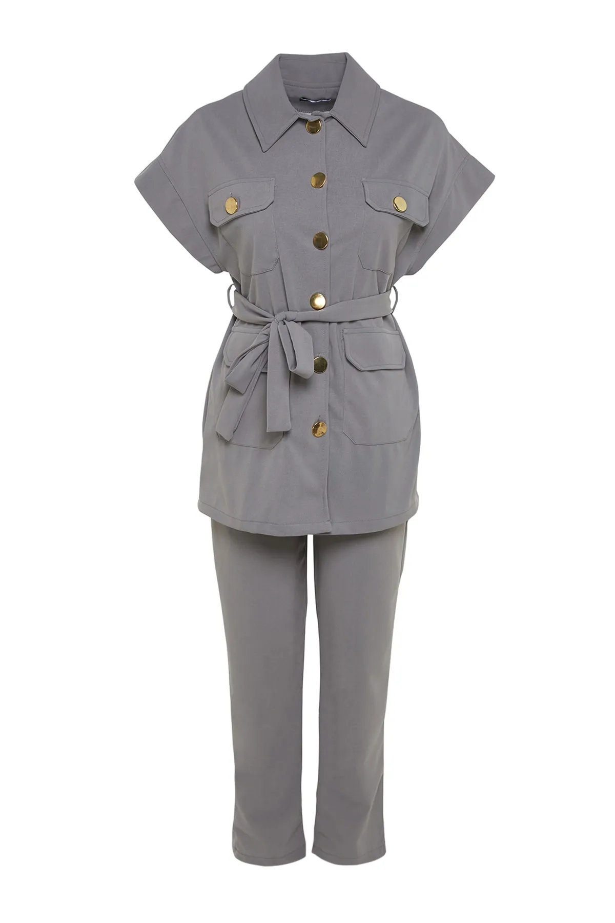 Trendyol Modest  Grau-goldener Strickanzug mit Weste und Hose mit Knöpfen TCTAW22US0062