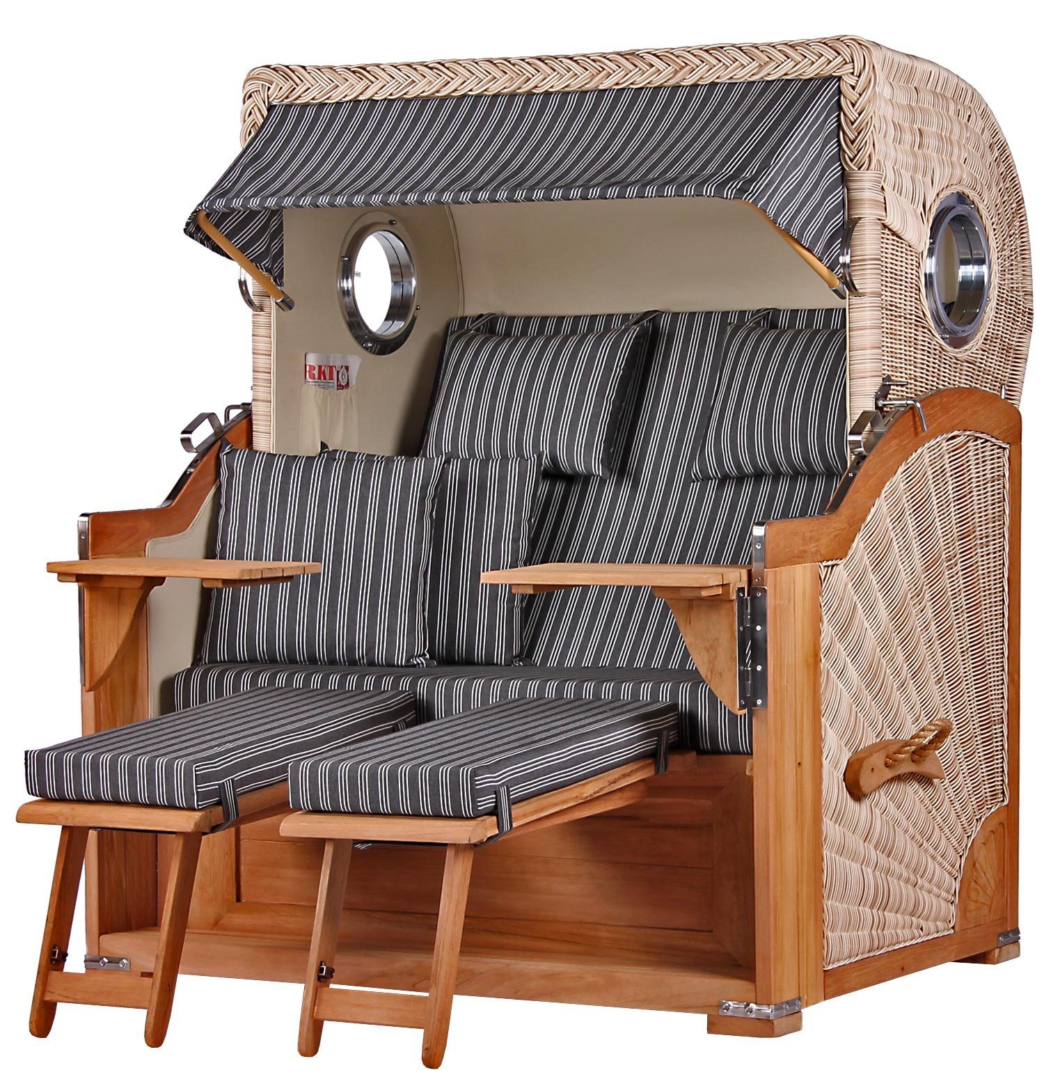 bene living Strandkorb Königssee 2,5-Sitzer Teak - PE shell - Modell 500, BxTxH: 142x95x170 cm, Volllieger ca. 175 Grad, Ostsee-Strandkorb, inkl. Liftersystem und Bullaugen