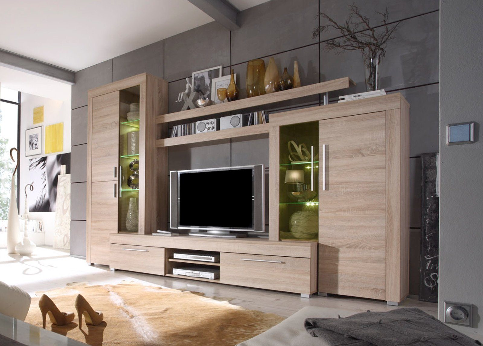 trendteam Wohnwand Boom, (Schrankwand Eiche Sonoma Dekor, 308 x 210), inklusive LED Beleuchtung