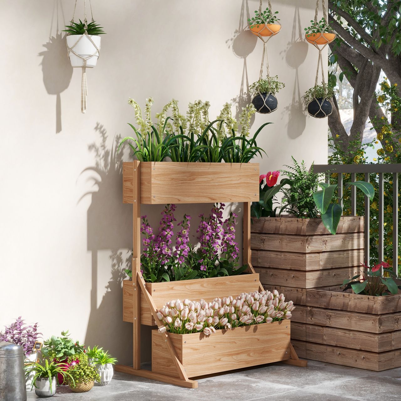 Outsunny Hochbeet aus Holz, 3-Stufiger Blumenkasten Gemüsebeet mit Innenvlies