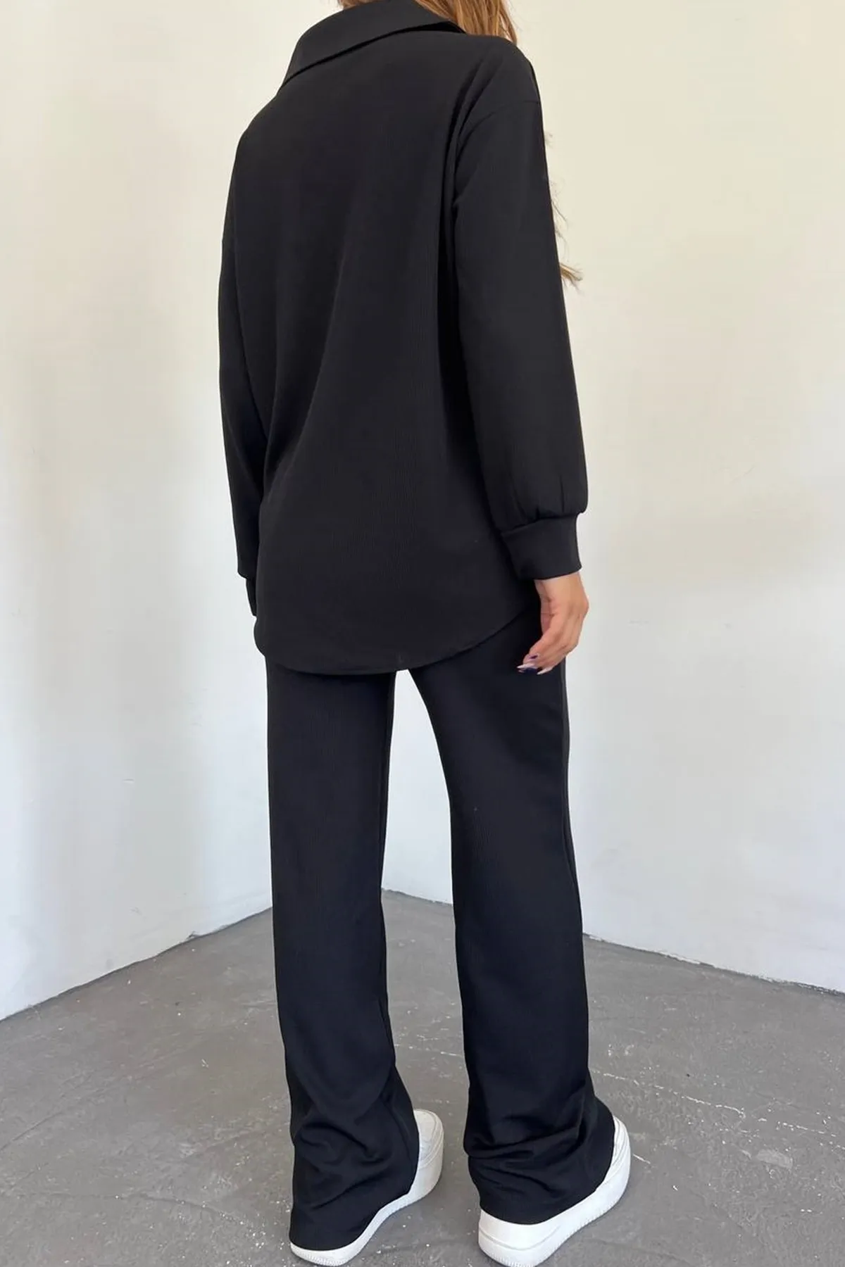 lovebox  Damen-Seersucker-Oversize-Design-Hemd und Hose, schwarzer Doppelanzug 10786