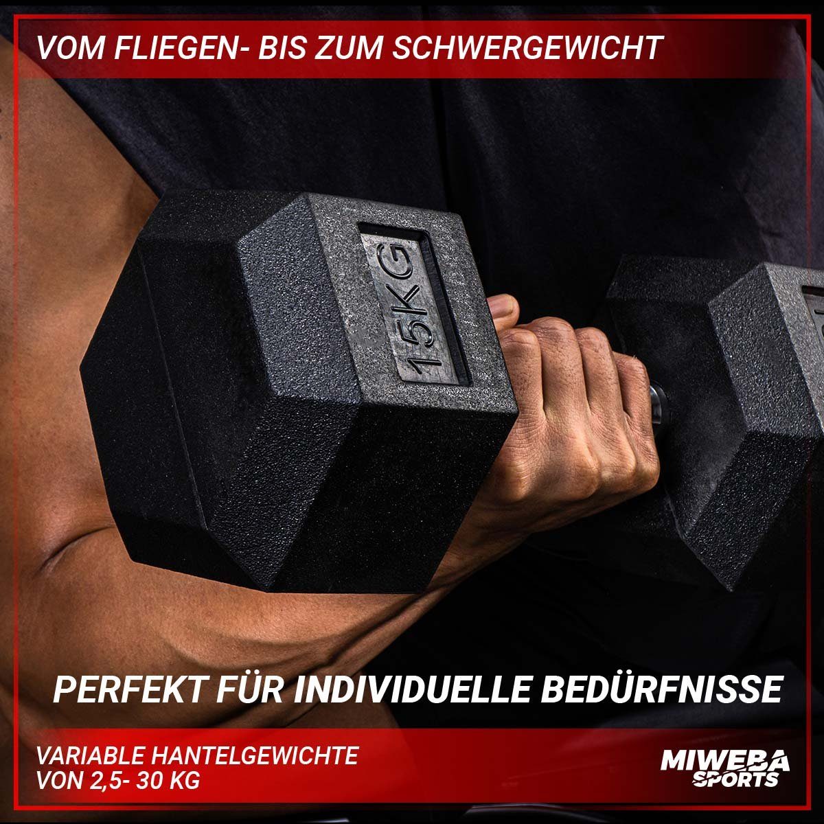 Miweba Sports Kurzhantel Premium Hexagon Hantel HGH100 - 7 verschiedene Varianten, (Einzelhantel, 7,5-30 kg, Gusseisen-Kern, kreuzgerändelte Struktur, Krafttraining), Hantelgewichte Fitnesshanteln Gewichte Fitness Sport Hanteln