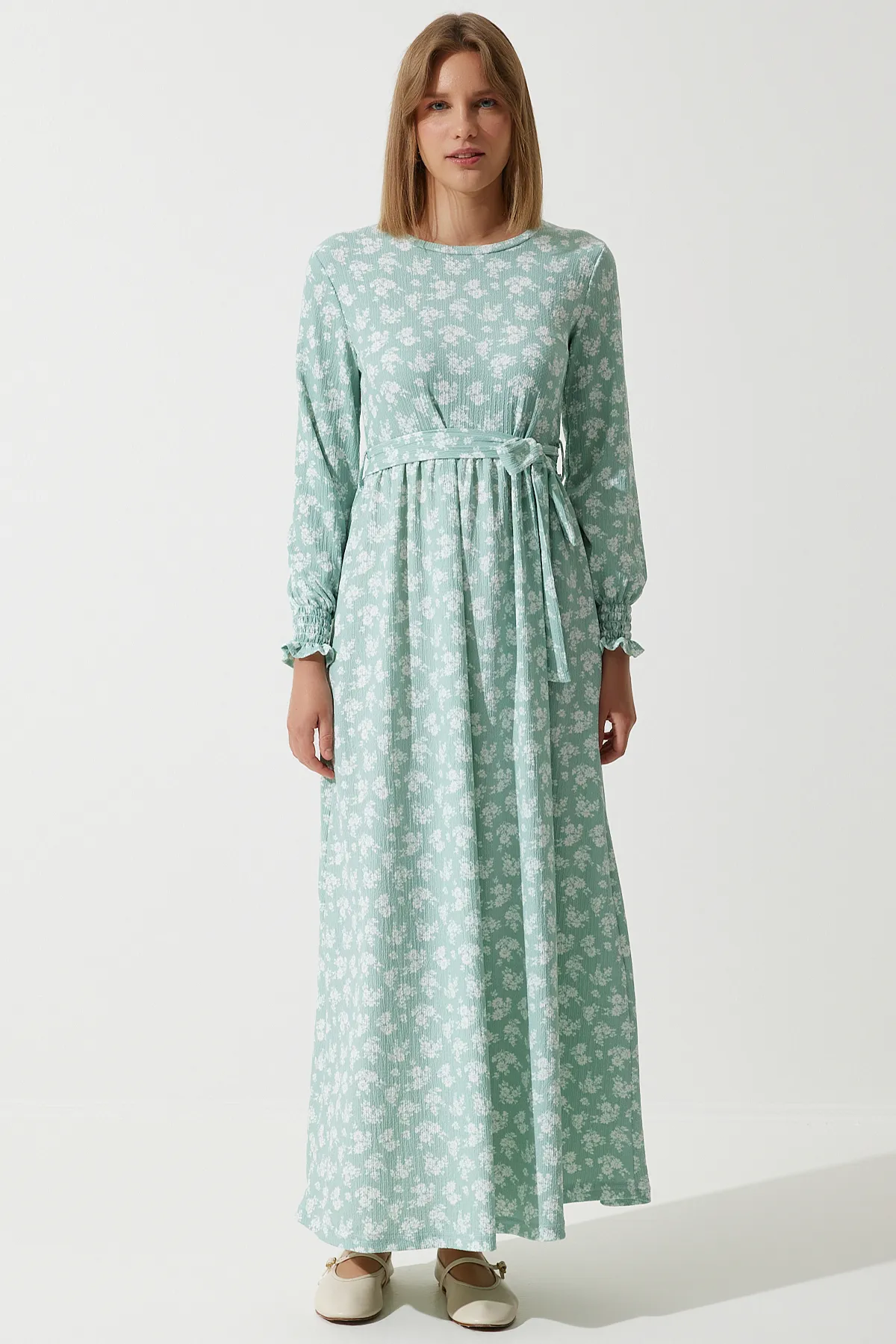 Happiness İstanbul  Wassergrünes, florales, langes Strickkleid für Damen DD01322