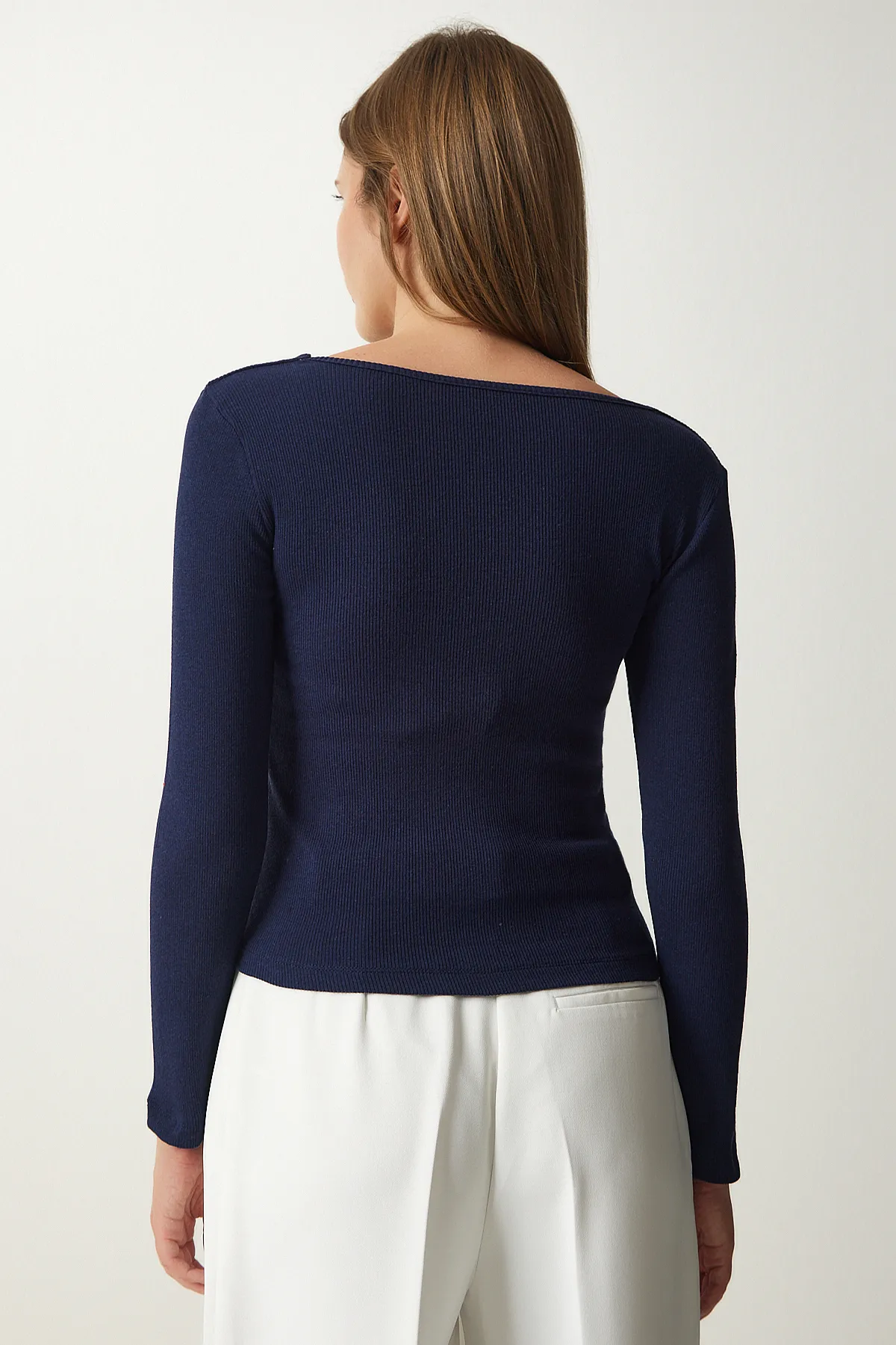 Happiness İstanbul  Marineblaue Cord-Strickbluse mit quadratischem Kragen für Damen GT00052