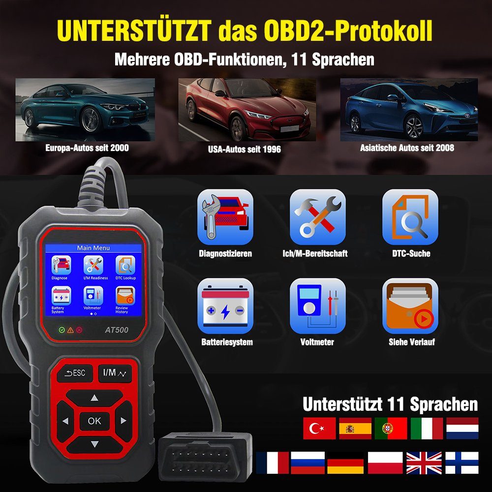 iscooter OBD2-Diagnosegerät AT500 Auto OBD2 Scanner Diagnose-Motorfehlercode-Leser, Fehlerdiagnose bei PKW und LKW; Eigendiagnose-Gerät