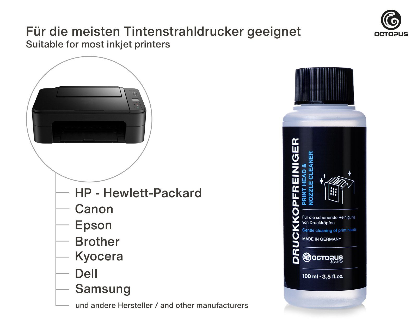 OCTOPUS Fluids Düsenreiniger, Druckkopfreiniger für Druckköpfe Nachfülltinte (für Epson, Canon, HP, Brother, 1x 100 ml, Made in Germany)