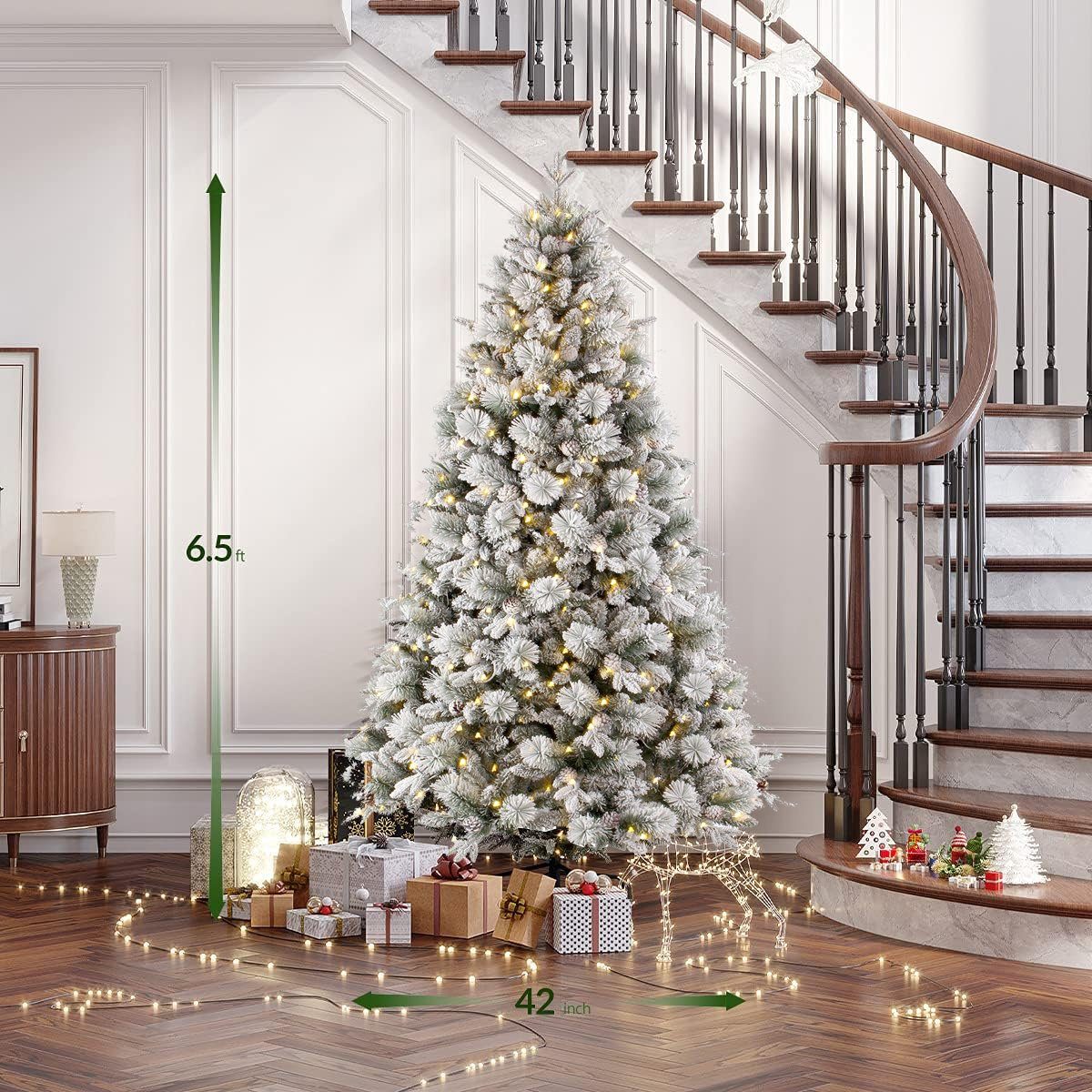 TAB Künstlicher Weihnachtsbaum Tannenbaum Weihnachten mit PVC+PE Schnee Nadeln und LED-Lichter, Nordmanntanne mit 1200 Spitzen und 360 LED Lichtern, mit Schnee