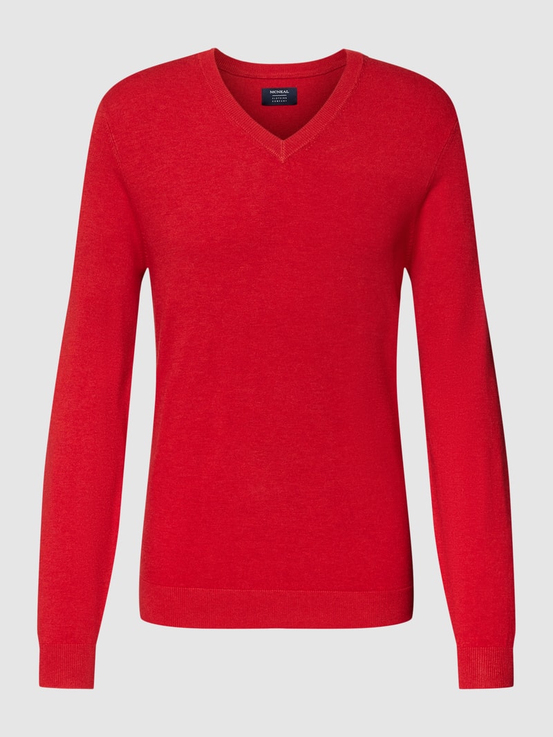Strickpullover mit geripptem V-Ausschnitt in rot meliert