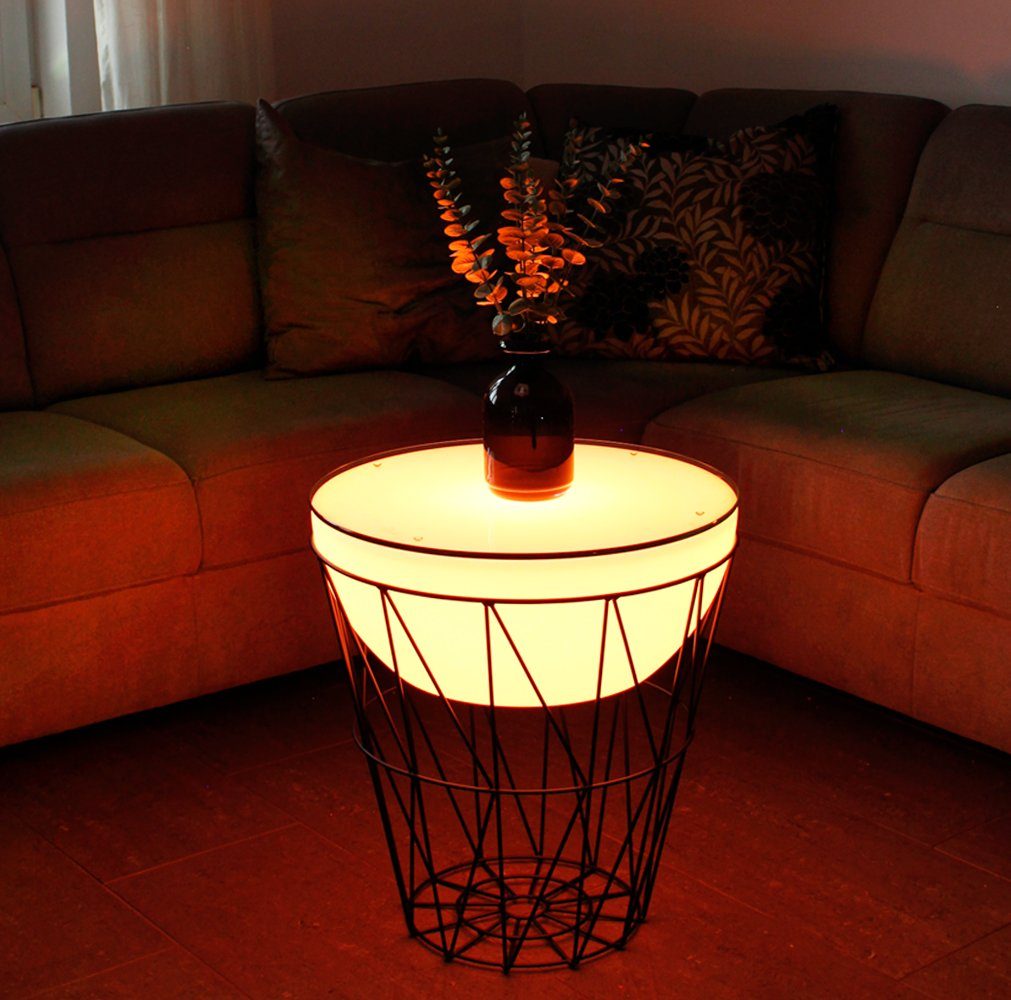 Arnusa Couchtisch LED Beistelltisch beleuchtet rund Korbtisch Metall 50x56 cm, Tisch mit Fernbedienung kabellos nutzbar RGB+W Lounge