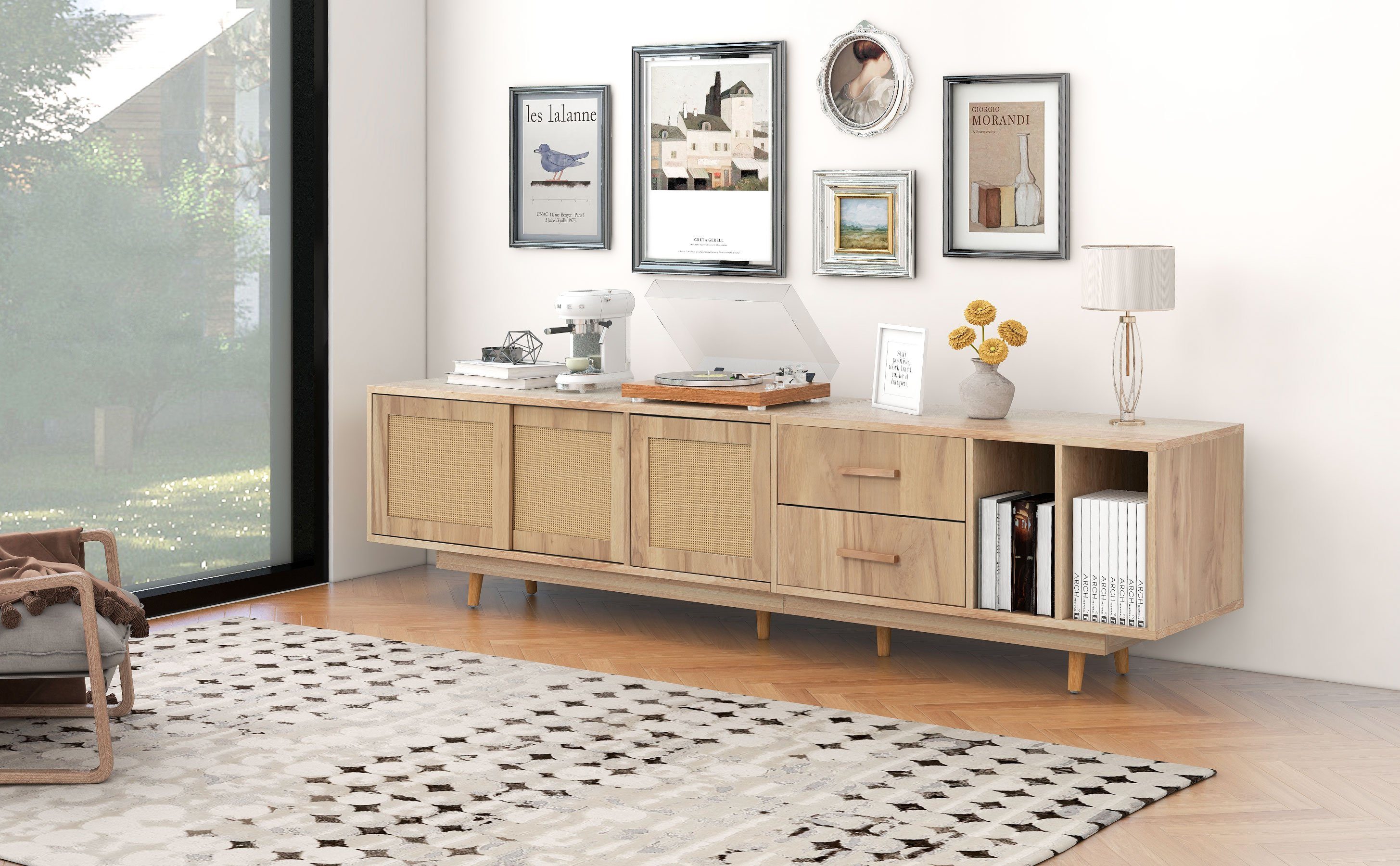 Odikalo TV-Board TV-Ständer Lowboard Sideboard Lagerschrank TV-Schrank Oak Rattan Natur