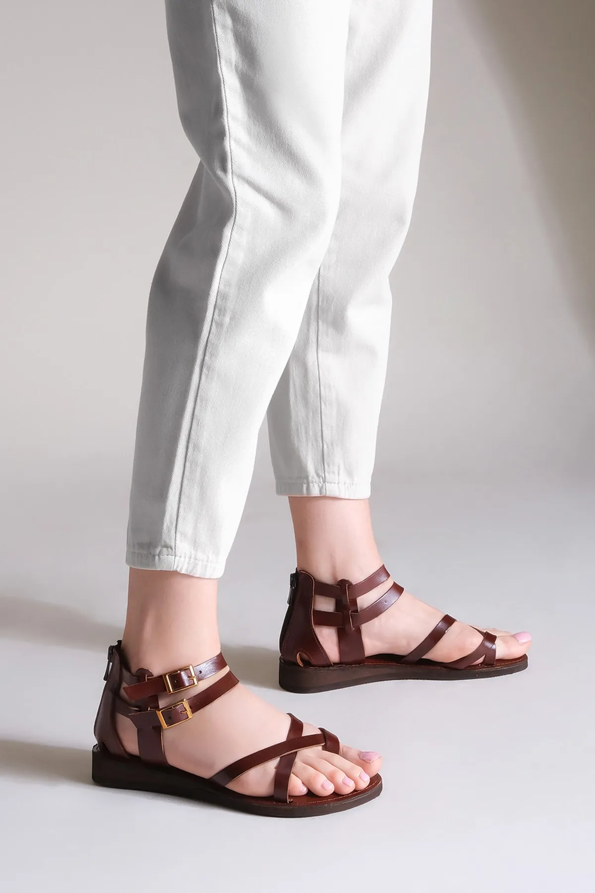 Marjin  Damen Echtleder Leichte Eva Sohle Flip Flop Alltagssandalen Zelos Rot Braun