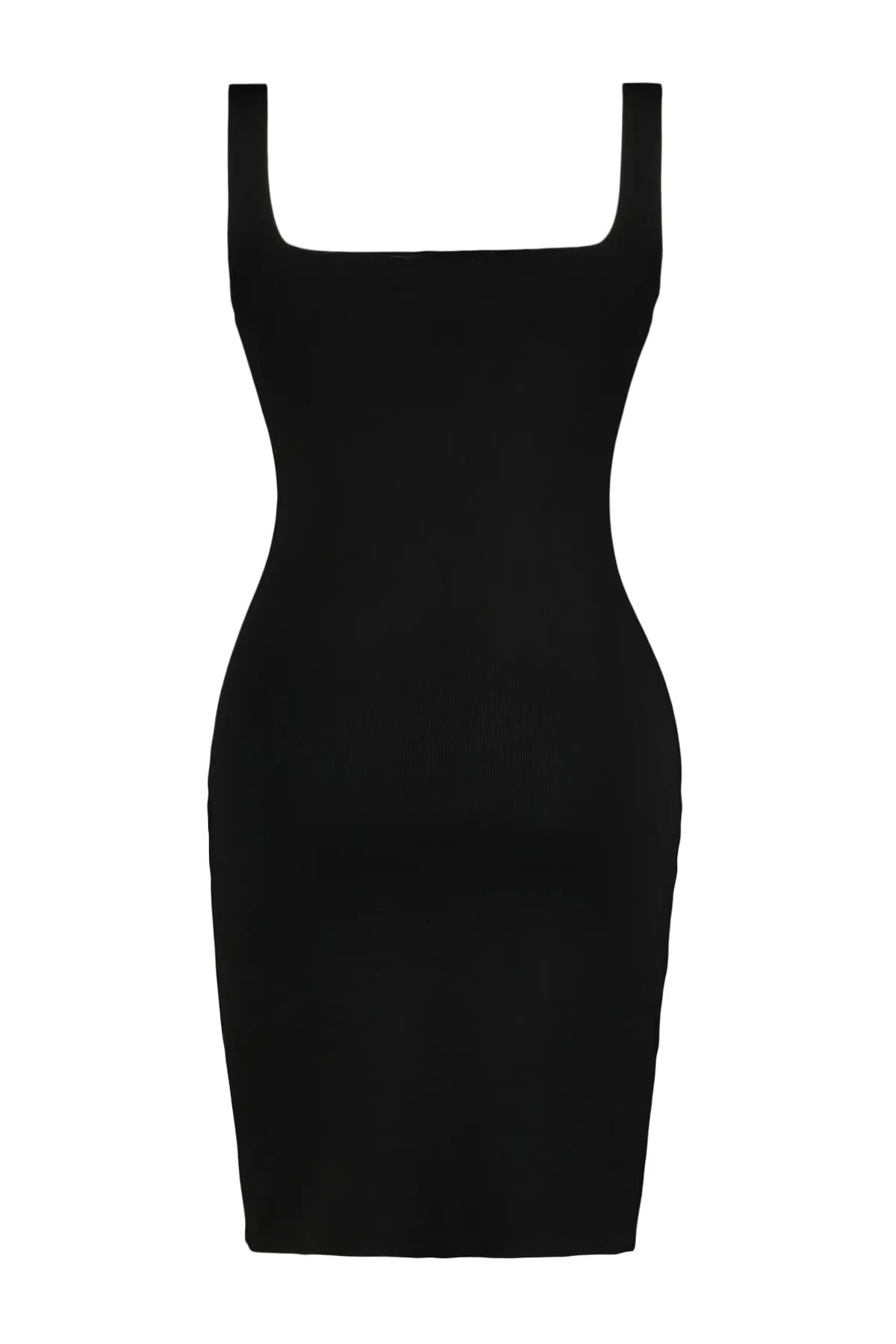 Trendyol Curve  Schwarzes, figurbetontes, dünnes Strickkleid mit Riemchenmuster TBBAW23AH00024