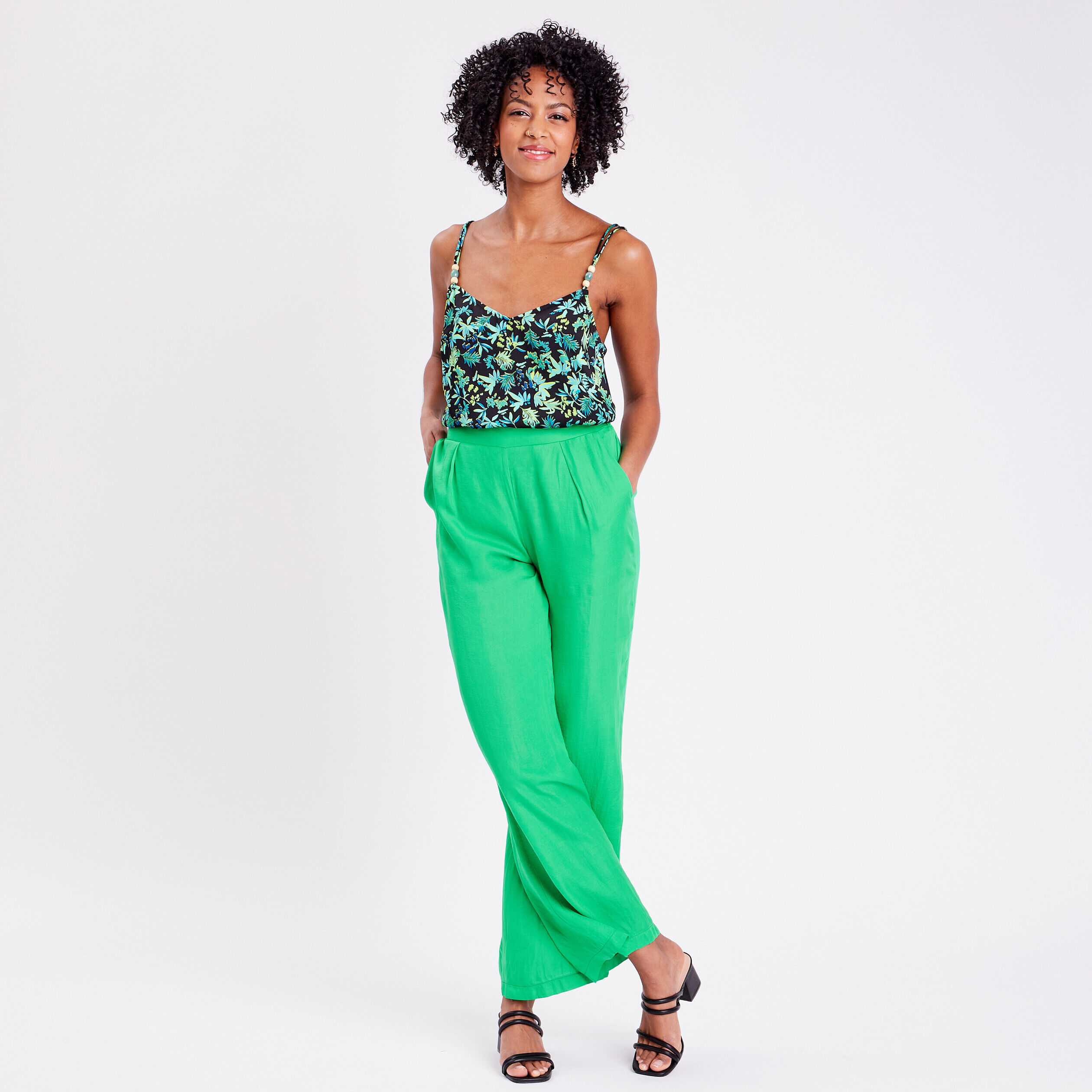 Pantalon city large satin vert femme | Cache Cache
