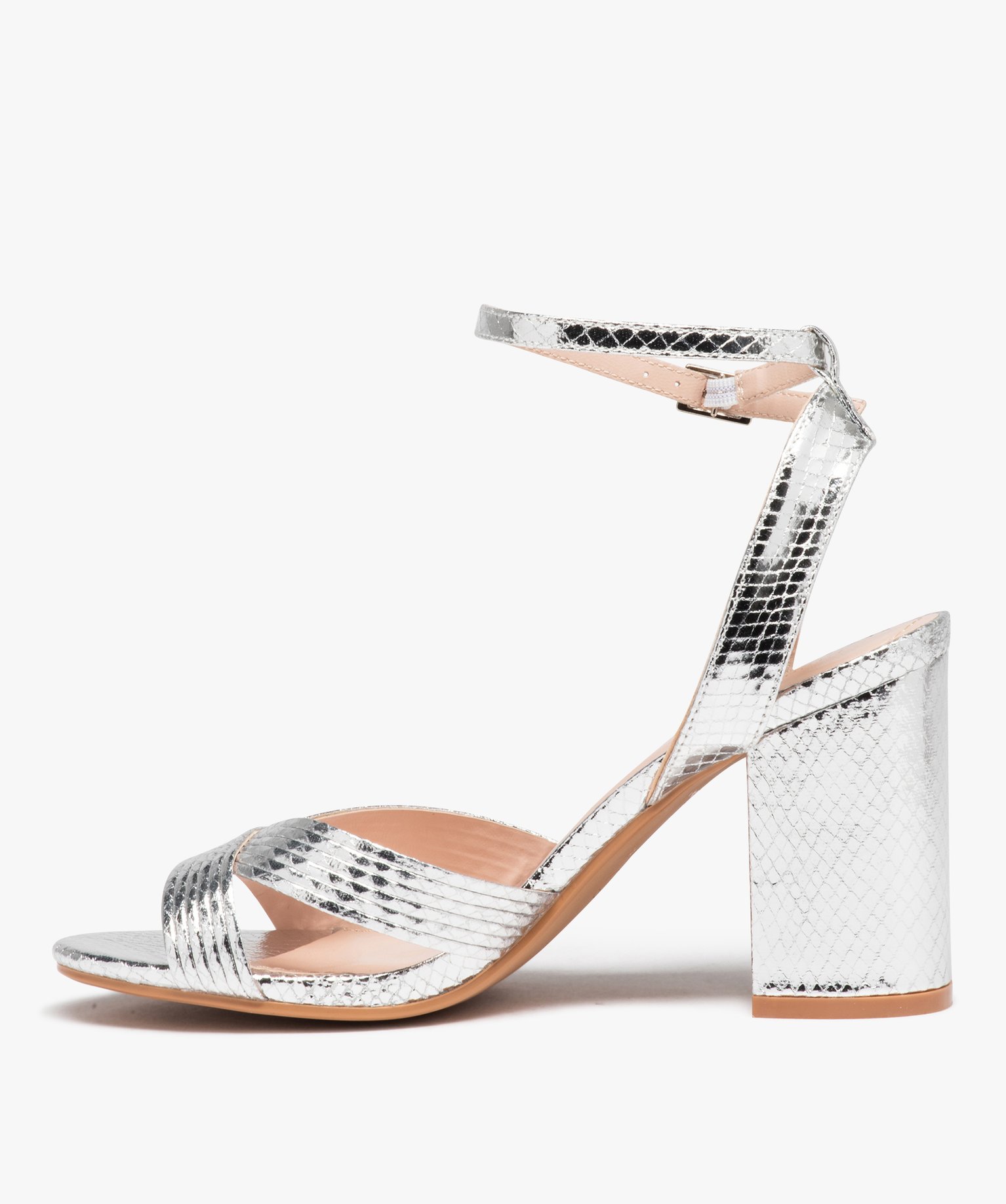 Sandales femme métallisées à talon carré imitation peau ... argent | GEMO