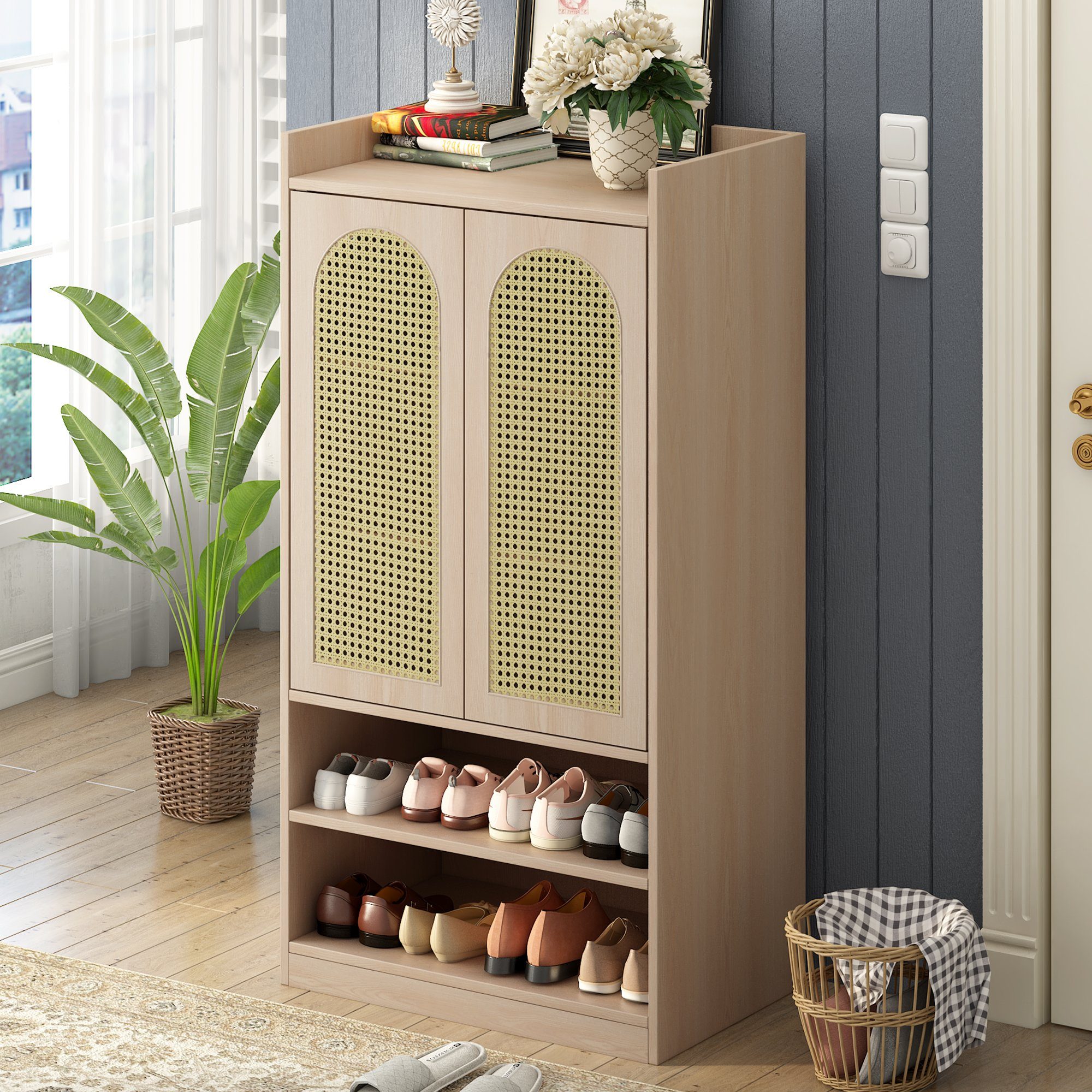OKWISH Highboard sideboard (Sideboard mit Polyrattan-Tür), Mit verstellbaren Einlegeböden, Schuhschrank Landhausstil