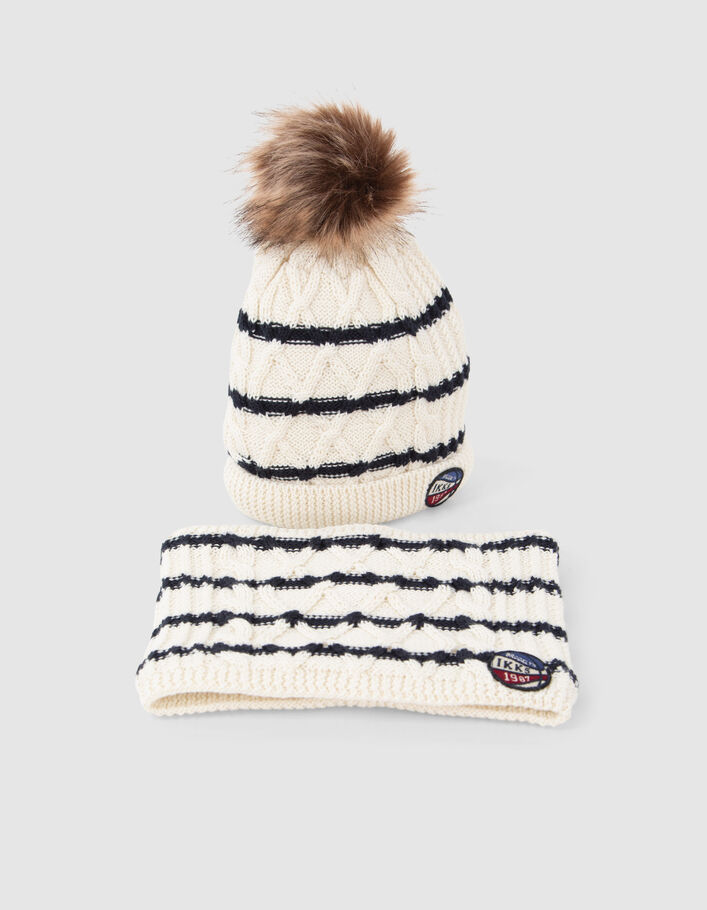 Bonnet et snood écru tricot rayé badge ballon bébé garçon