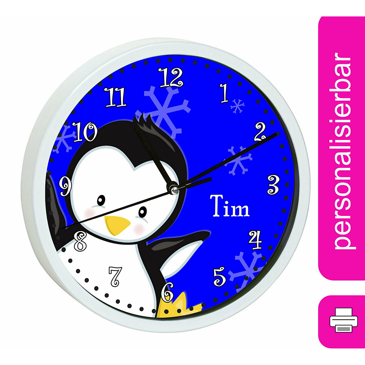 Kinder Wanduhr personalisiert mit Name Pinguin blau