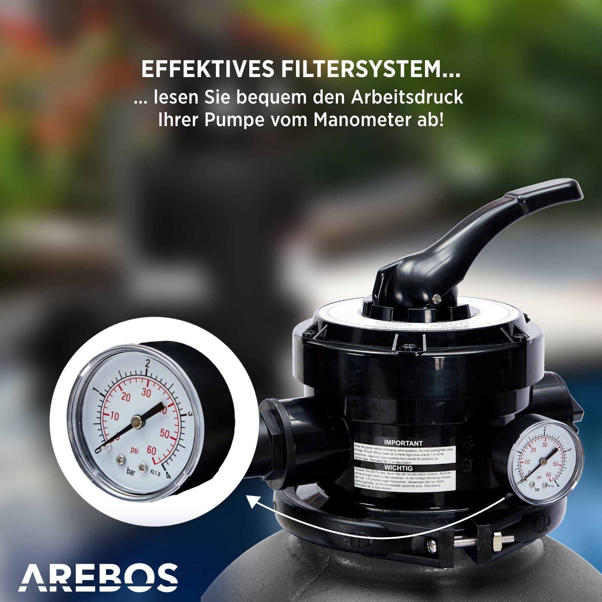 Arebos Sandfilteranlage mit Pumpe inkl.700g Filterbälle + 2m Schlauch, 400 W, 7 Wege-Ventil (Set)